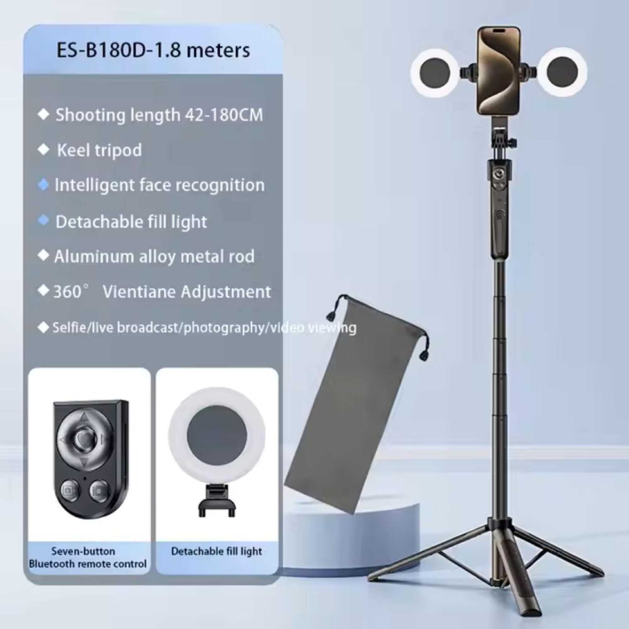 Trépied Smartphone 1,8m avec Suivi Facial IA 360°, Lumière LED Professionnelle et Télécommande - Perche Selfie Motorisée pour TikTok Youtube Live Streaming - Trépied Photo Vidéo Rotation Automatique
