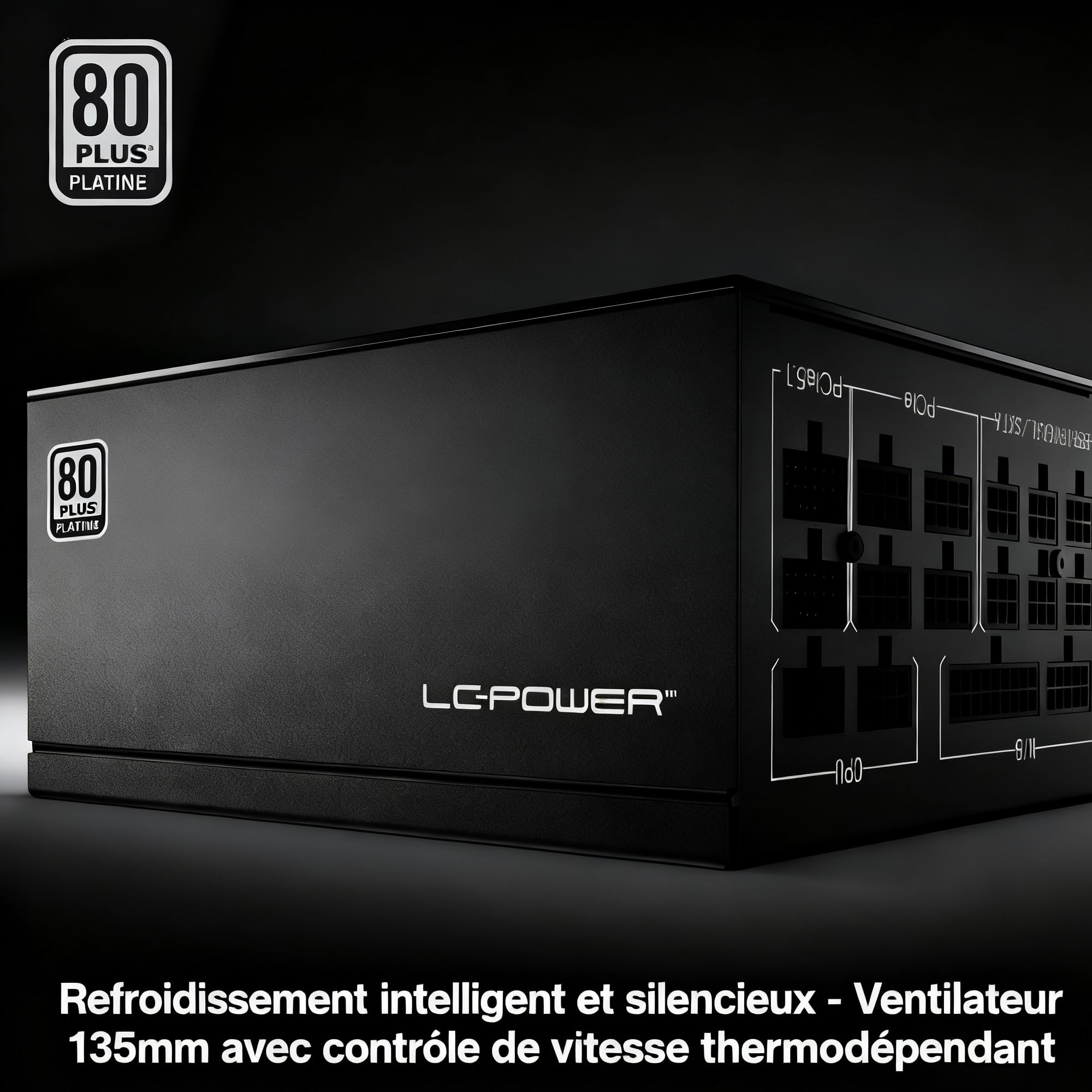 LC-POWER Alimentation PC 850W, 80 Plus Platinum Certified, Bloc d'alimentation ATX 3.1 Entièrement Modulaire, PCIe 5.1, Ventilateur 135mm, Garantie 5 Ans
