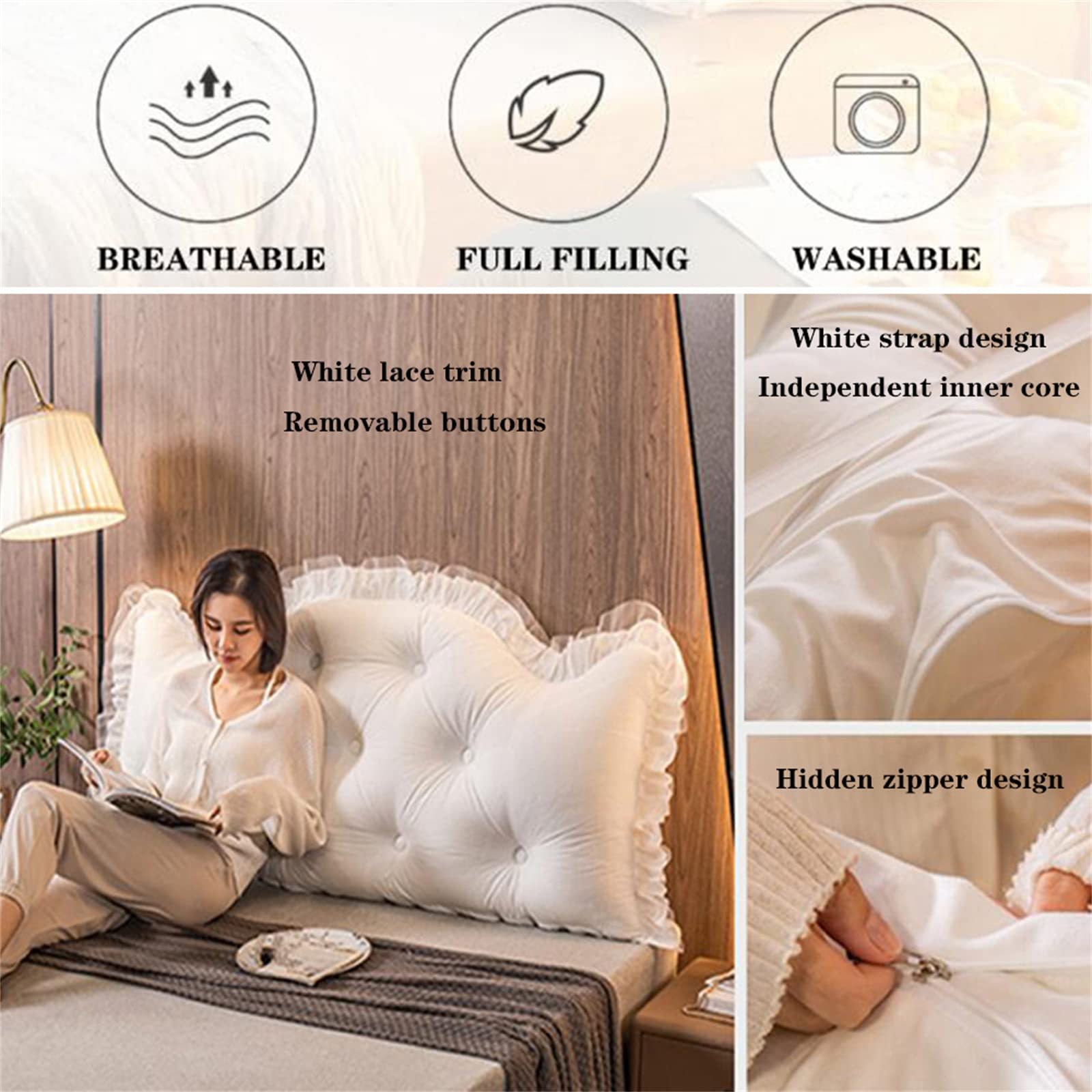 Headboard Pillow Full King Queen Twin, Large Reading Pillow Bolster Backrest Pillow Wedge Positioning Support Pillow for Sofa Bed Lumbar Pad Full Size,White,47