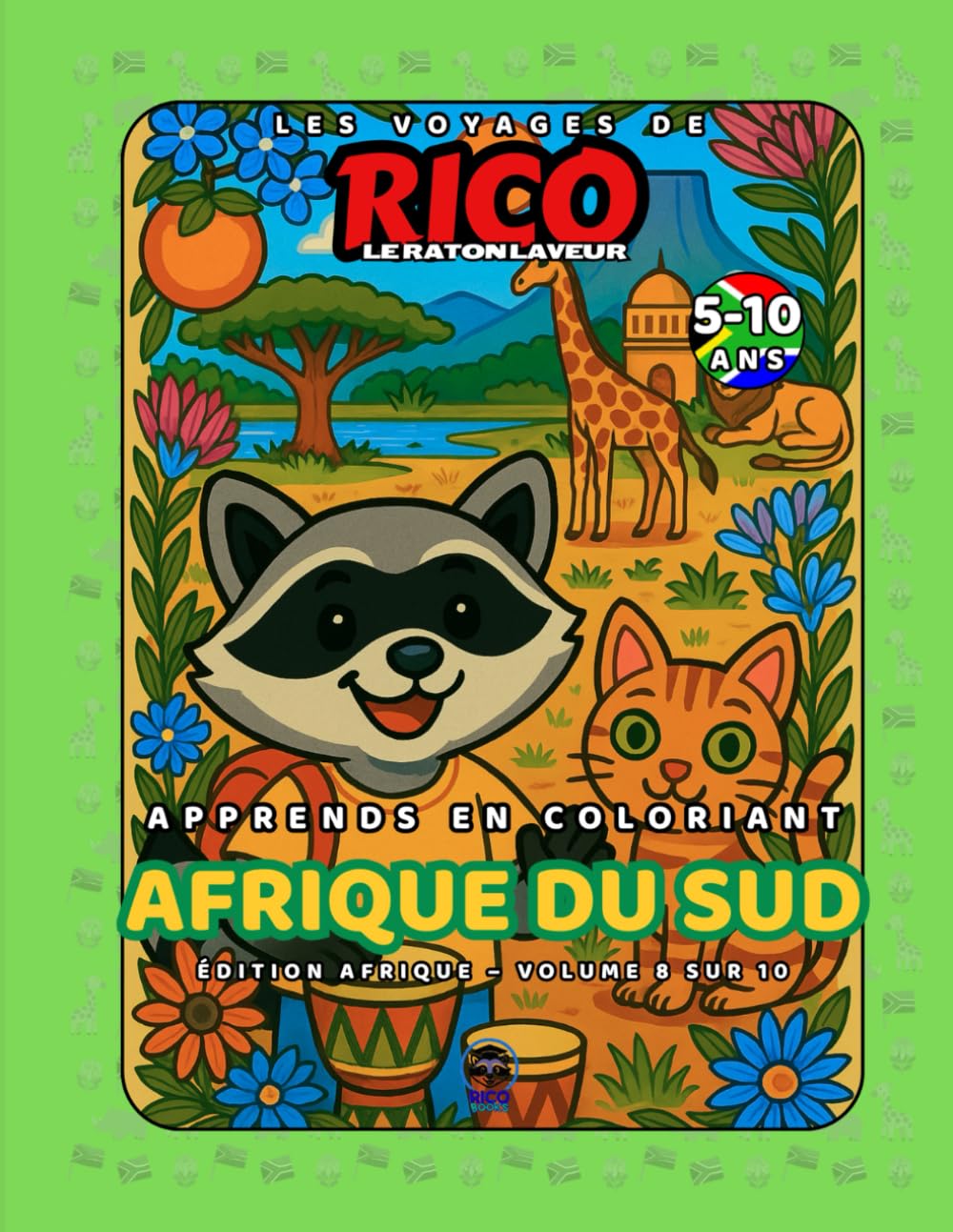 Afrique du Sud – Livre de coloriage éducatif pour enfants (5–10 ans) | Les Voyages de Rico le Raton Laveur – Volume 8