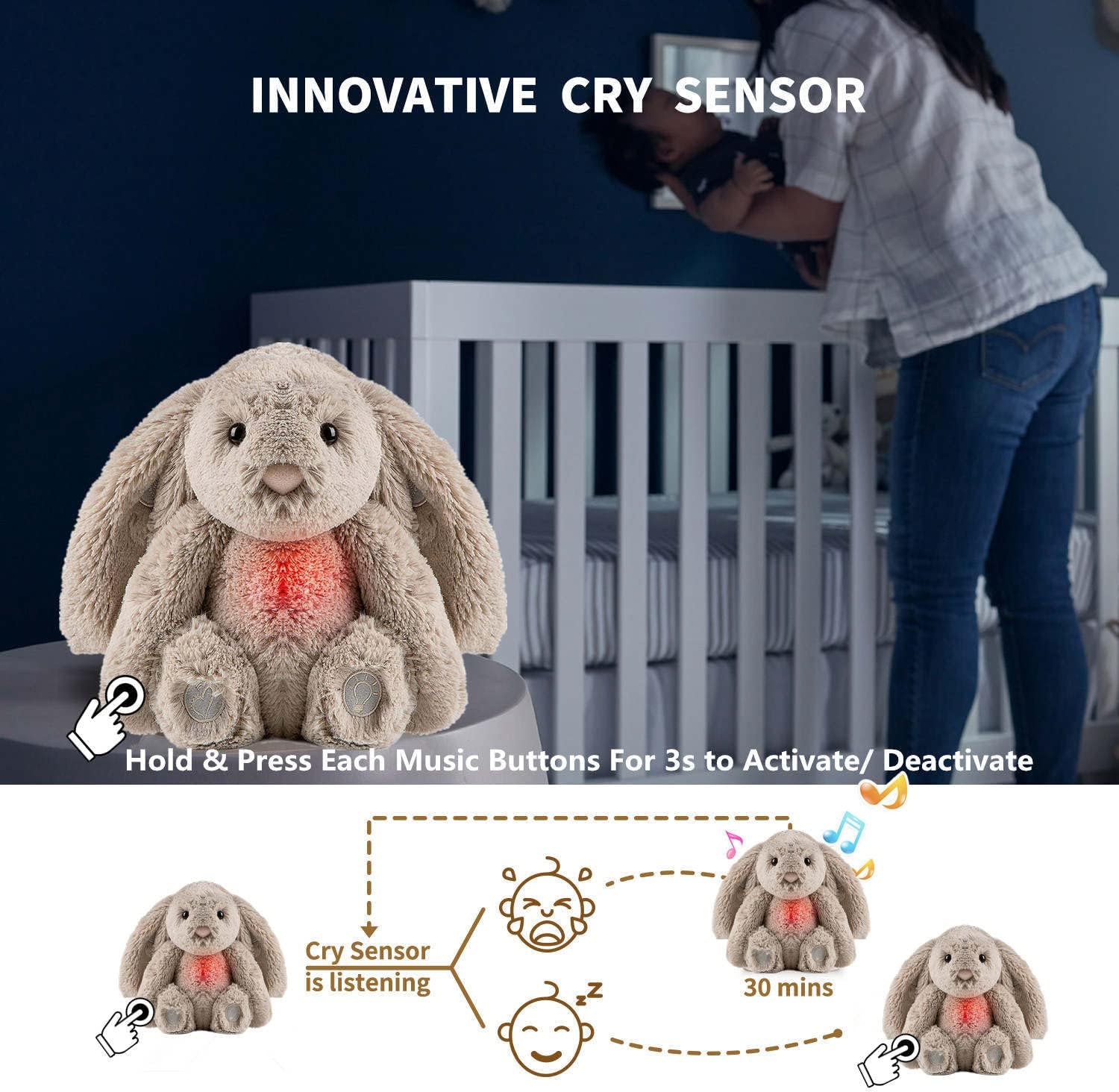 Gemma Joy Bedtime Bunny Baby Sleep Soother with Cry Activated Sensor, Plush Stuffed Animal for Newborn Infants, Calming Light, Lullaby Music, White Noise, Mother’s Heartbeat and Baby Shusher : Baby