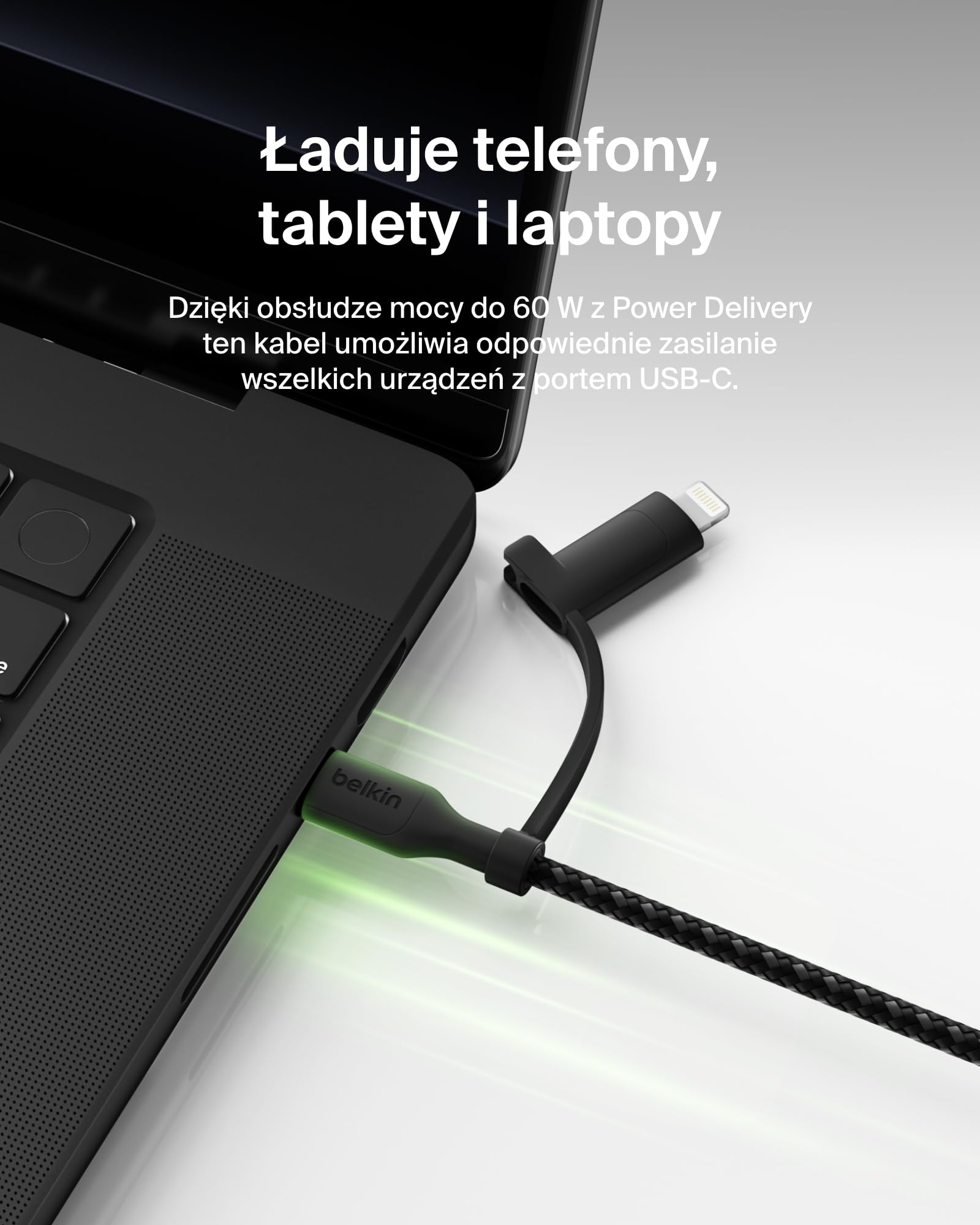 Belkin kabel do ładowania 2 w 1 ze złączami USB-C i Lightning – kabel w oplocie do szybkiego ładowania z USB-C na USB-C i Lightning, do ładowania urządzeń Apple iPhone, iPad, Samsung i innych – czarny