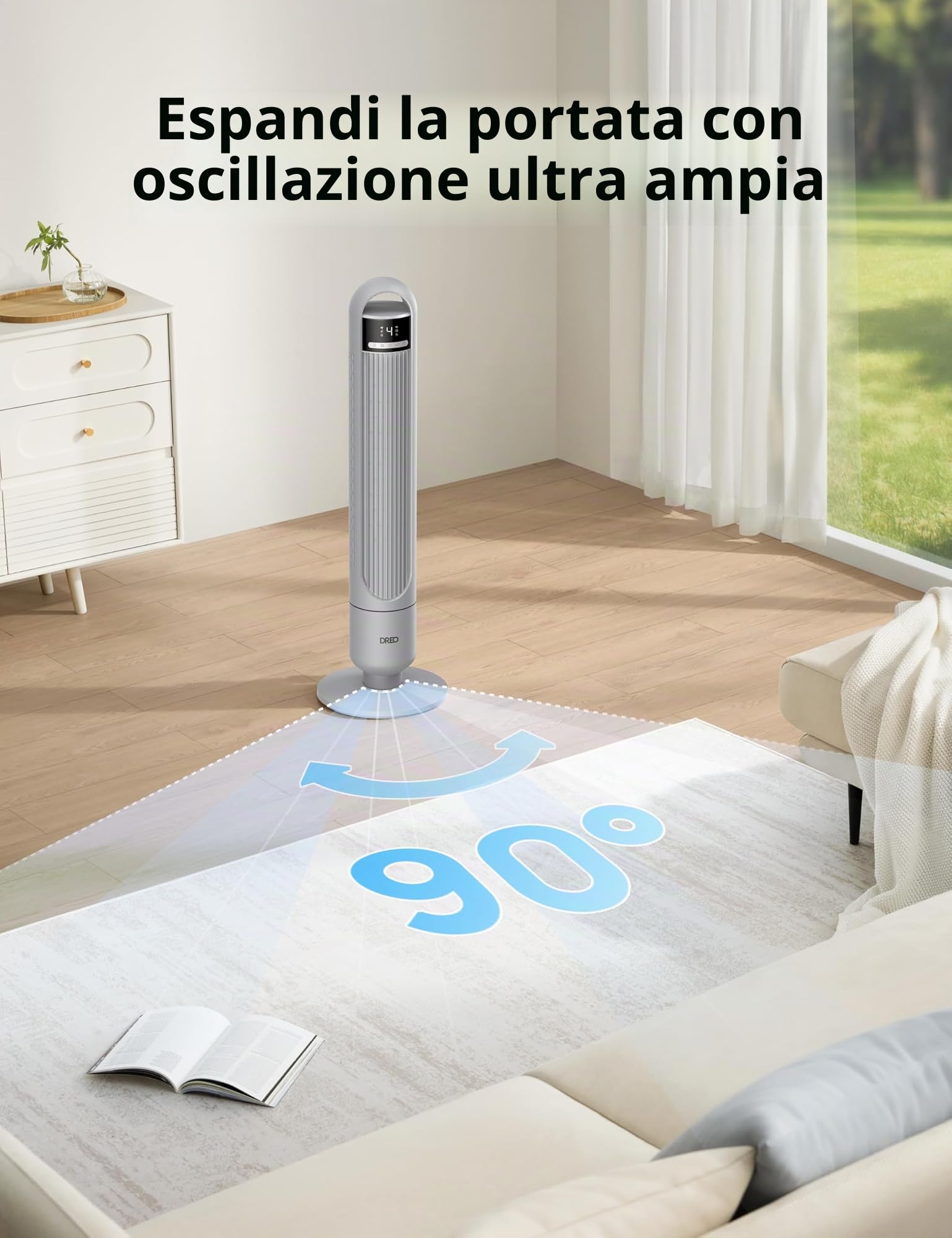 Dreo - Ventilatore a torre per camera da letto, 4 velocità, 3 modalità di ventilatore da terra per camera con oscillazione di 90° di larghezza, 28dB silenzioso per dormire, velocità di 7,6 m/s