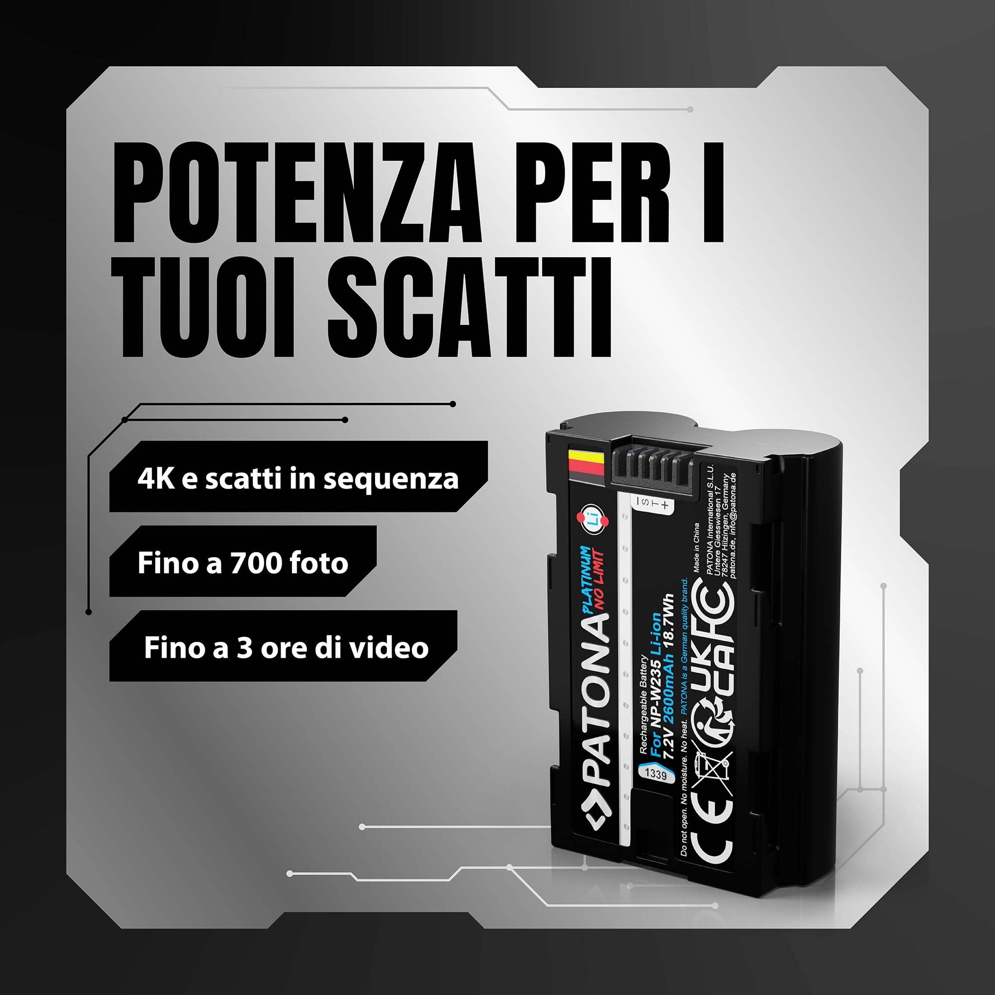 PATONA 2X Platinum NP-W235 Batteria 2600mAh – Ricambio per Fujifilm NP-W235 – per X-T4, X-T5, X-H2, X-H2S, X-S20, GFX-50S II, GFX-100S, GFX-100 II – una scatta, una si ricarica