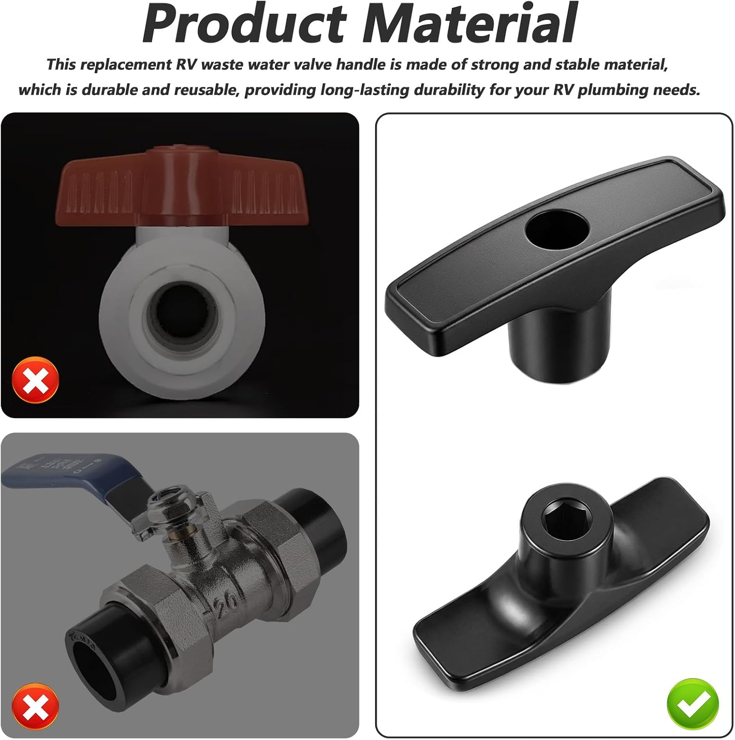 2 Piece Metal RV Waste Valve Handle RV Sewer Valve Handle Replacement with 4 Nuts 2 Gaskets 2 Screws for RVs Sewer Tank Dump Release Valves Extension Rod(Black)