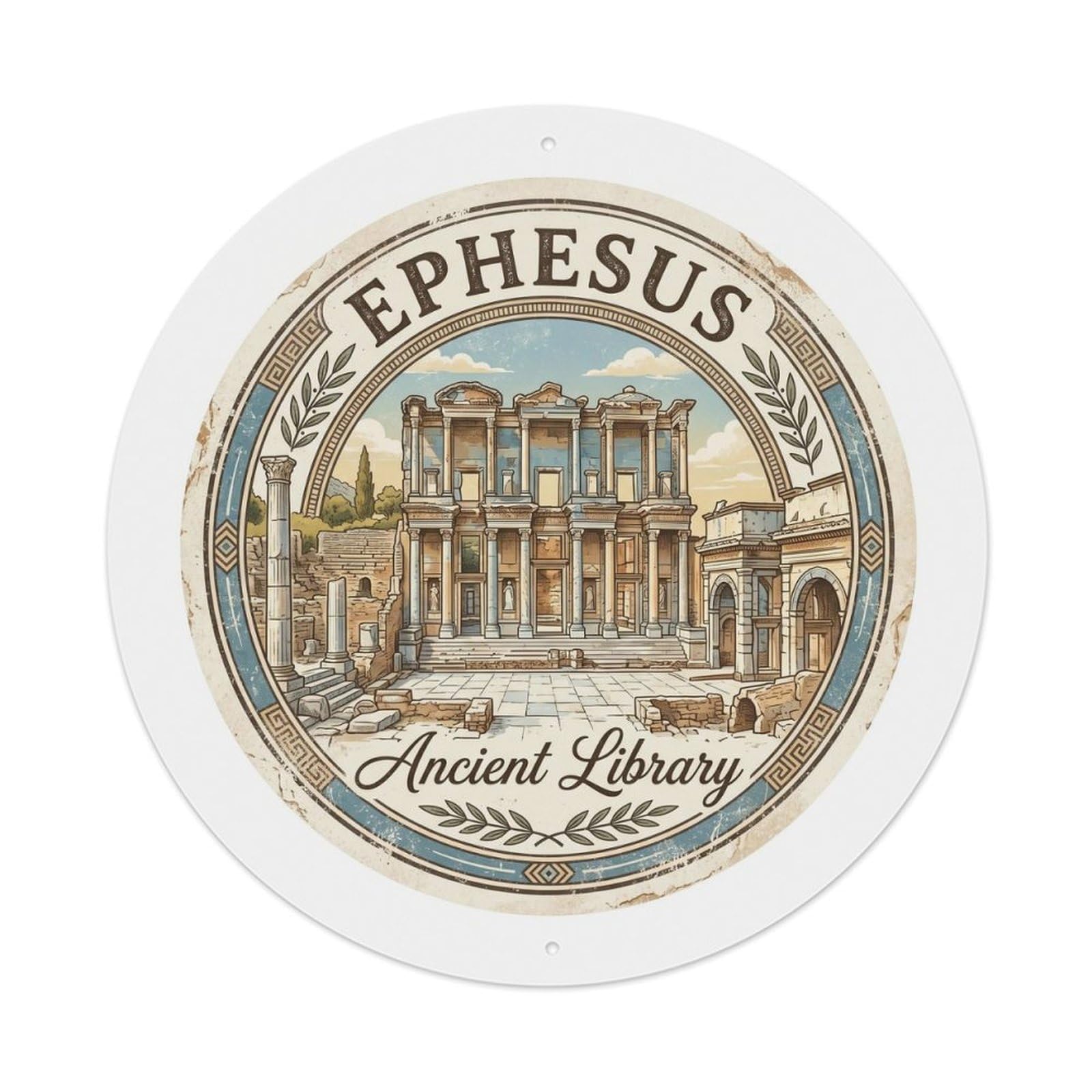 Vintage Travel Ephesus Ancient Library Metal Tin Sign Plaque Wall Decor for Cafe, Club, Garden Round Metal Poster 8x8Inch