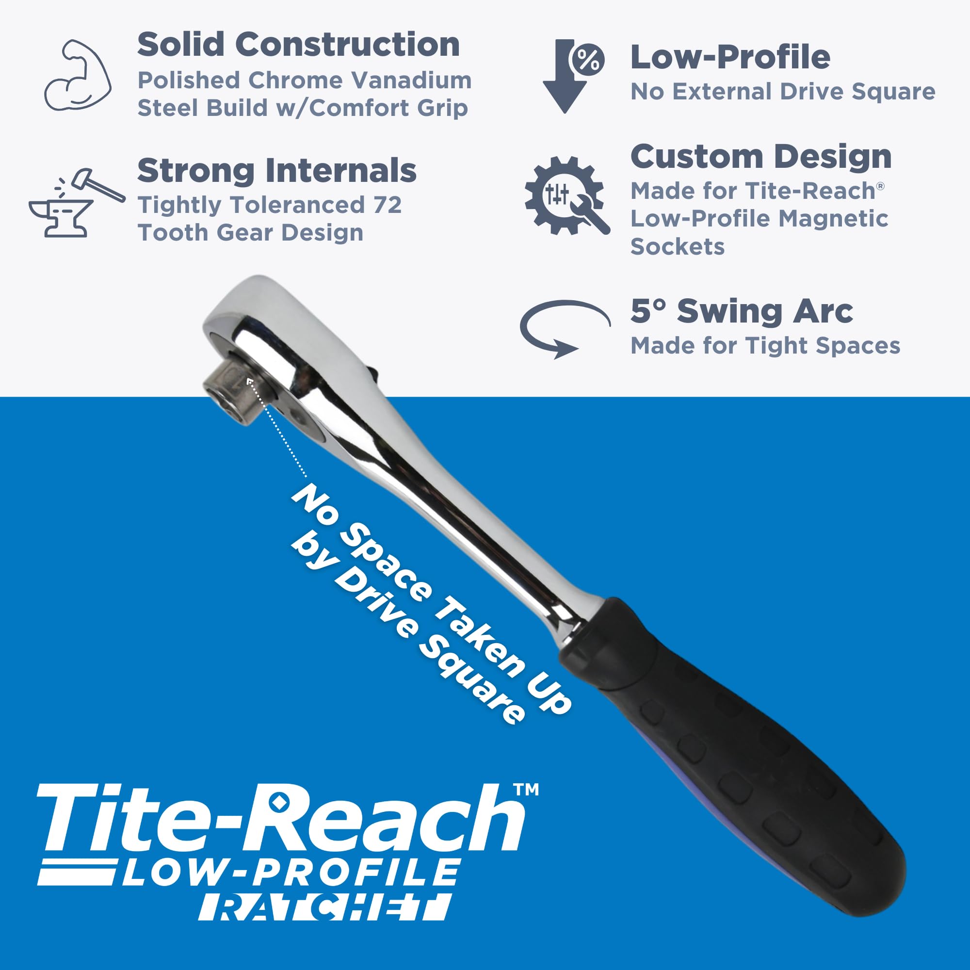 TITE-REACH Oryginalna grzechotka niskoprofilowa 3/20.3 cm, zaprojektowane niskoprofilowe gniazda magnetyczne, stworzone do ciasnych przestrzeni (wygodny uchwyt)
