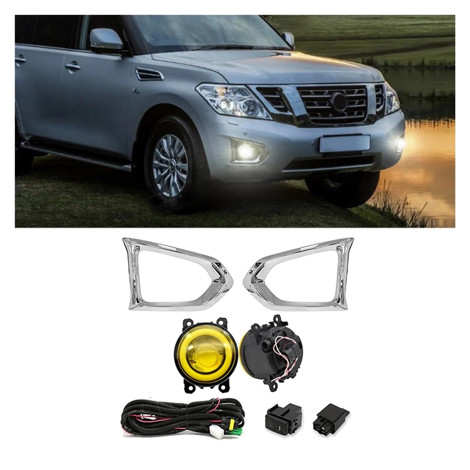 1Set Led Angel Eye DRL Fog Light Fit For Nissan Patrol 2014-2019 Yellow +Cover+Wiring+Switch Kit Bumper Daytime Running Light światła do jazdy dziennej do samochodów