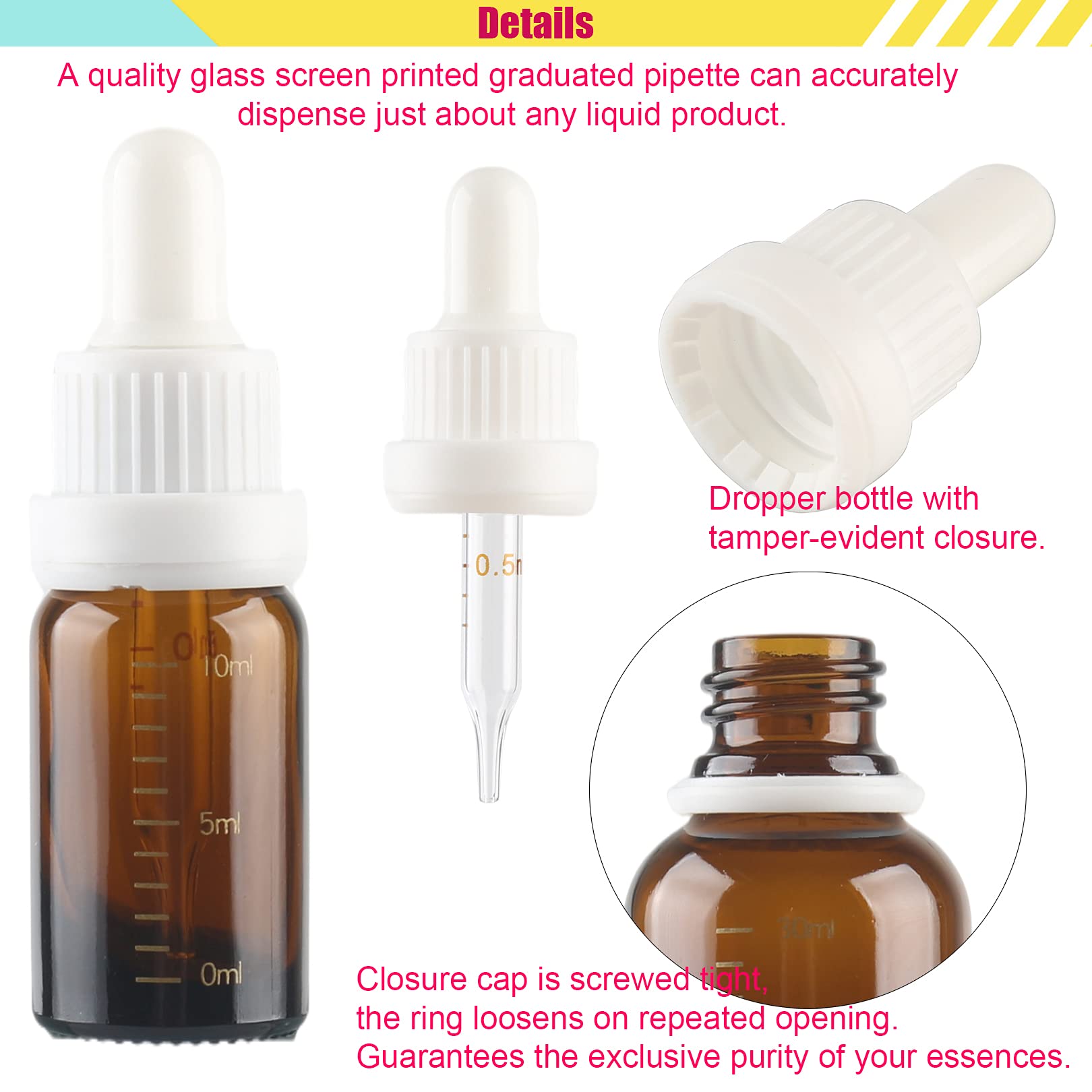 24 Pezzi Vuoto 10 ml Ambra Bottiglie Contagocce Graduato in Vetro, Marrone Flaconi con Pipetta Contagocce e Chiusura a Prova di Manomissione Bianco, per Aromaterapia, Olio Essenziale