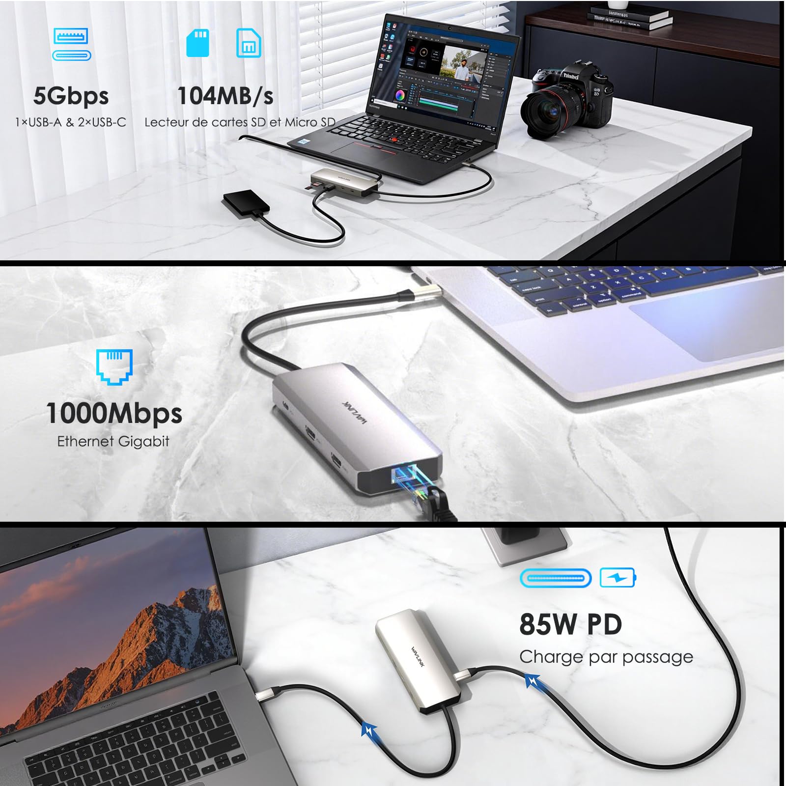 WAVLINK Station d'accueil USB C 10-en-1 pour ordinateur portable, double HDMI 4K@60Hz, ports USB A/C 3.0, emplacements SD/TF, charge PD 100W, Ethernet Gigabit, port audio, compatible with Dell/HP