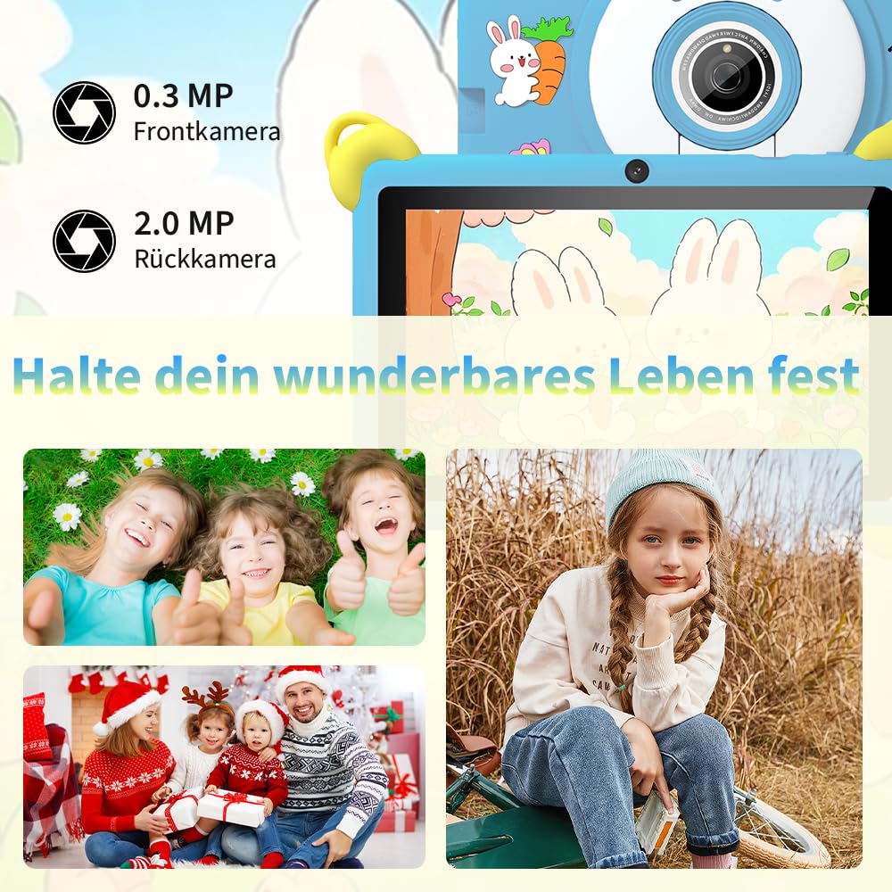 Veidoo 7-Zoll Android Kinder-Tablet, 2+32 GB, Dual-Kameras, stoßfeste Hülle, integriertes Hasen-Ständer-Design, Abnehmbarer Schultergurt, Quad-Core Prozessor, iwawaAPP, Elternkontrolle