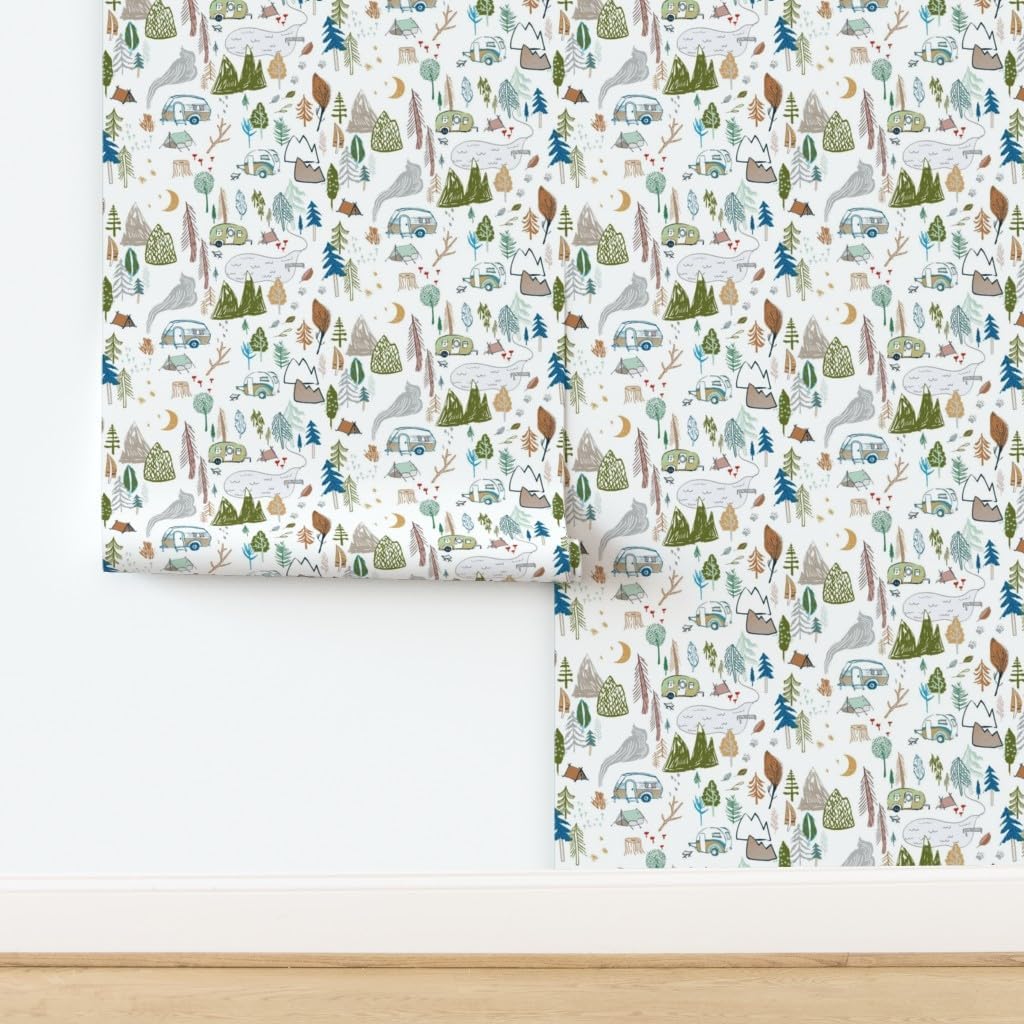 Peel & Stick Wallpaper 3ft x 2ft - Camper White Caravan Tent Mountain Forest Mushroom Summer Vacation Boy Bear Custom Removable Wallpaper by Spoonflower