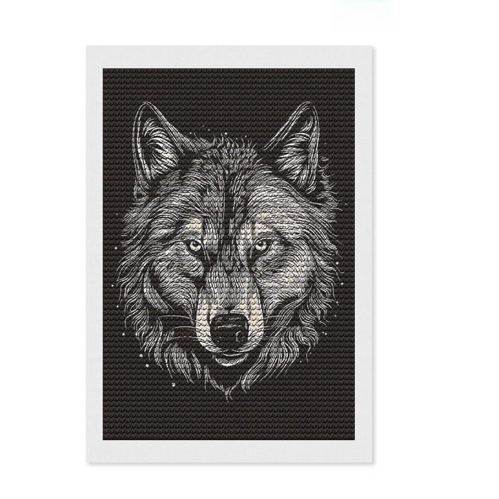 Junmoney Wolf Art Diamond Art Canvas 8"x12", Satisfying Creative Project, Sparkling Round Gems, Stress Relief Craft, Office Decor