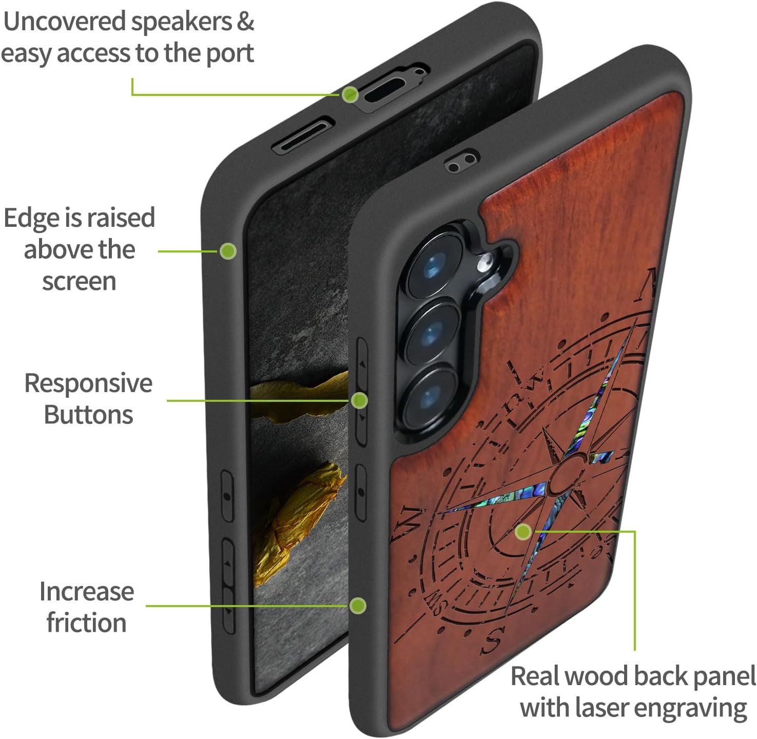 Carveit Designer Wooden Case for Samsung Galaxy S24 Case [Wood Engraving & Shell Inlay] Compatible with Wireless Chargers S24 Cover (Incomplete Compass-Rosy)