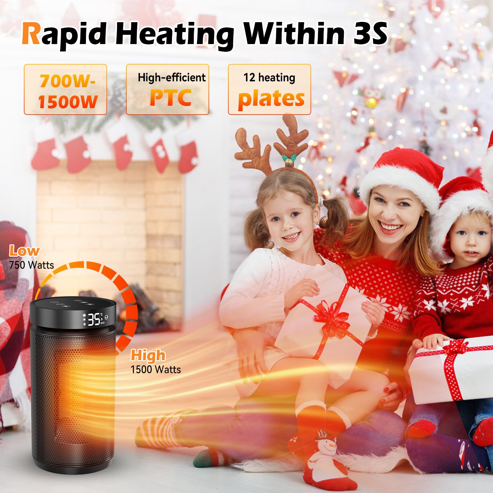 Electric Heater, 1500W Energy Efficient Fan Heater with Thermostat, 70° Oscillating Remote Control, Silent Ceramic Fan - Image 2