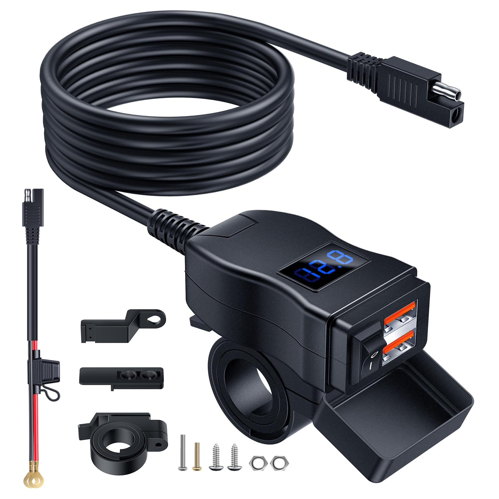 EXTRACTMEMotorcycle USB Charger, Total 36W Dual USB QC3.0 Motorcycle Phone Charger with Voltage Monitor & ON/Off Switch, ATV/Motorcycle Accessories for All Phone, Tablet, GPS(Blue)