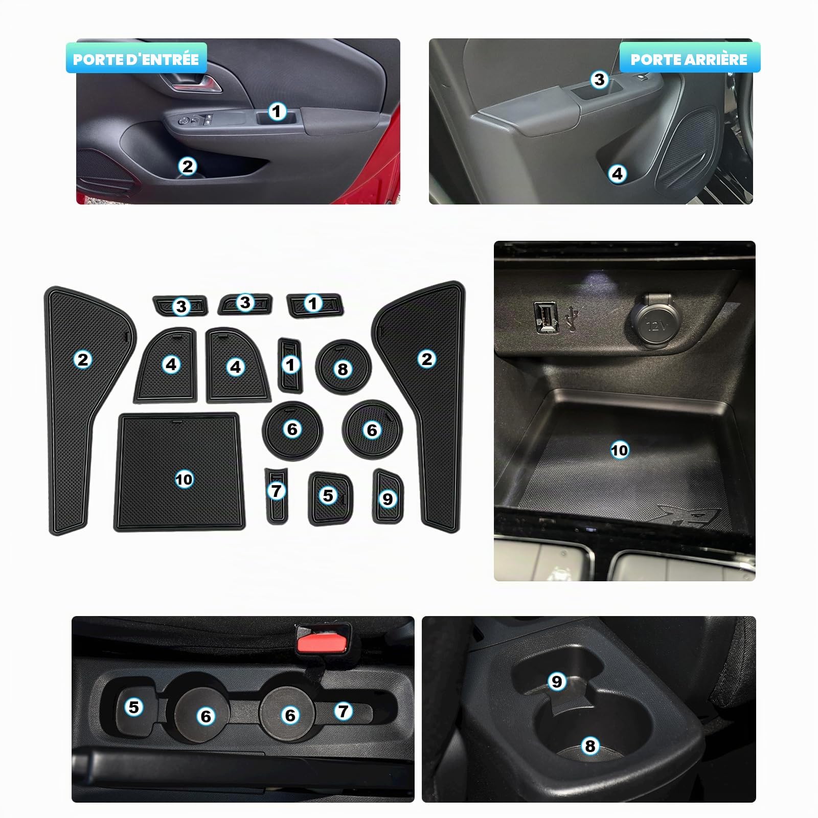 CDEFG Compatible avec Opel Corsa F 2020-2024 2025 Tapis Anti-poussière Antidérapante Corsa F Porte Intérieure Tasse Boîte de Bras Tapis de Stockage Corsa F Frein Manuel Accessoires (Noir)