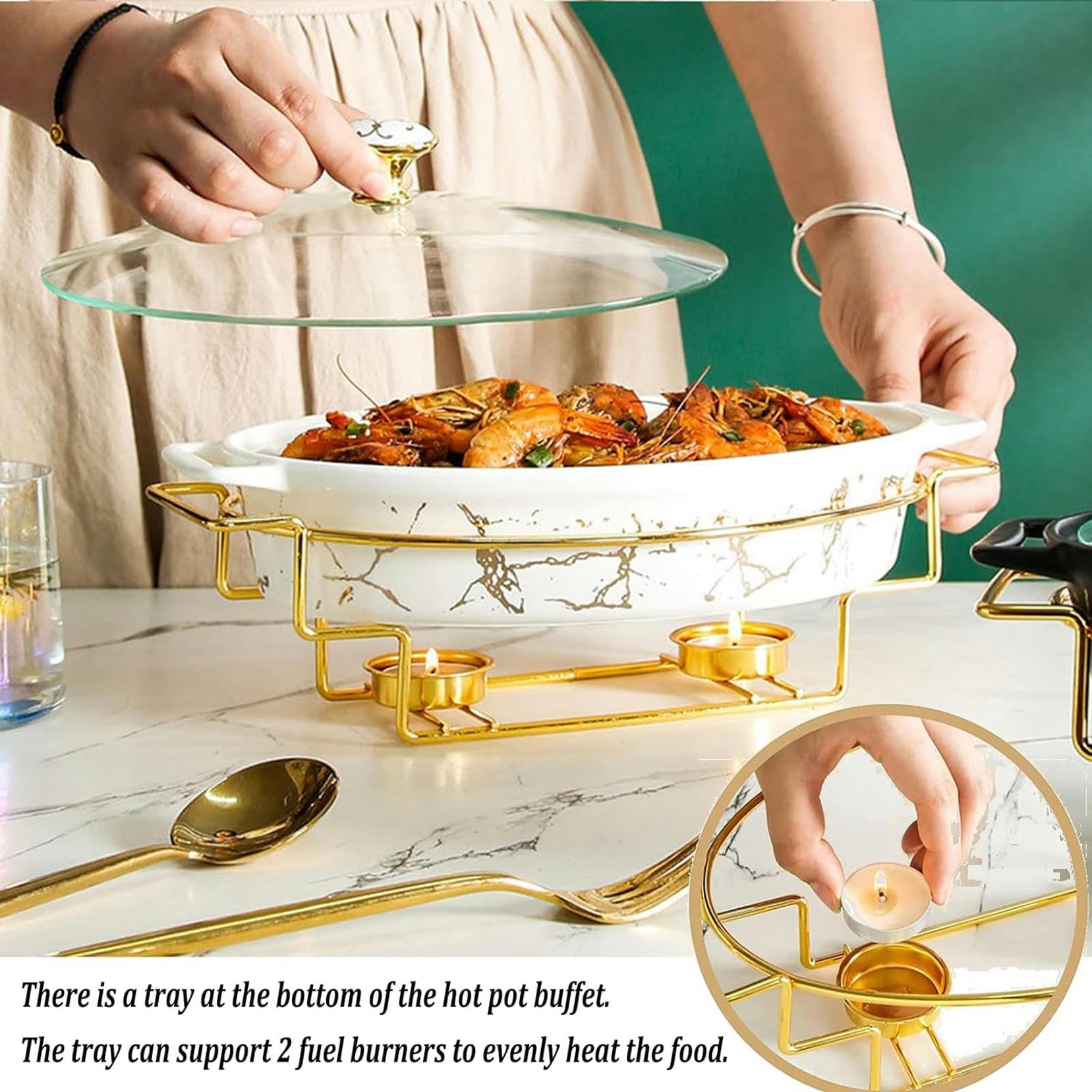 Set da Buffet con scaldavivande in Ceramica, Finitura Effetto Marmo, con Coperchio in Vetro e Porta-combustibile per Buffet/Banchetti (Nero L)