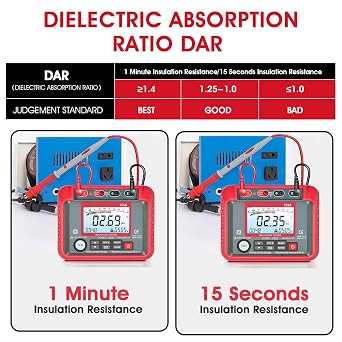 Megohmmeter Insulation Resistance Tester, 0.1MΩ-10GΩ Megohm Meter with 50V~1000V Output Voltage, PI/DAR Testing, 100 Data Storage Voltmeter for Motor/Cable/Transformer/capacitor
