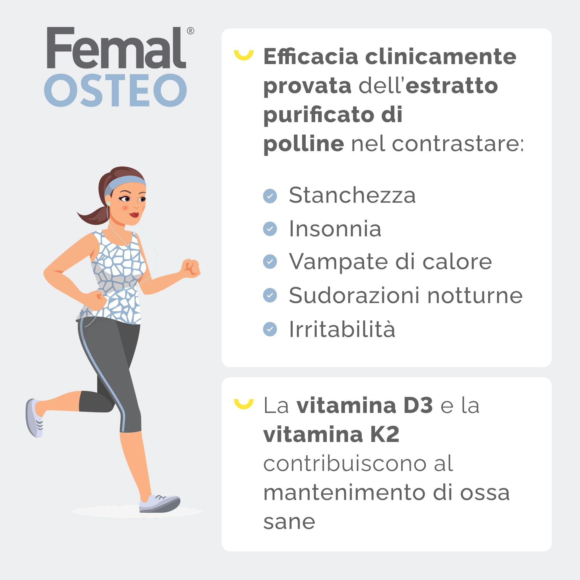 Femal Osteo Menopausa, Integratore Non Ormonale per Ossa Sane 30 Capsule | Integratore Alimentare, Naturale, Non Ormonale per Ossa Sane e Vitalità, Estratto di Polline, Vitamina D3, K2, B6 e E
