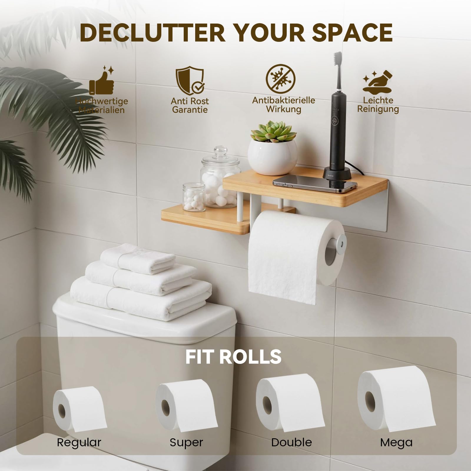 Porte-Rouleau de Papier Toilette en Bambou avec étagère | Adhésif ou à Visser | Blanc pour Salle de Bain, Cuisine & Toilettes | 30×12×8 cm