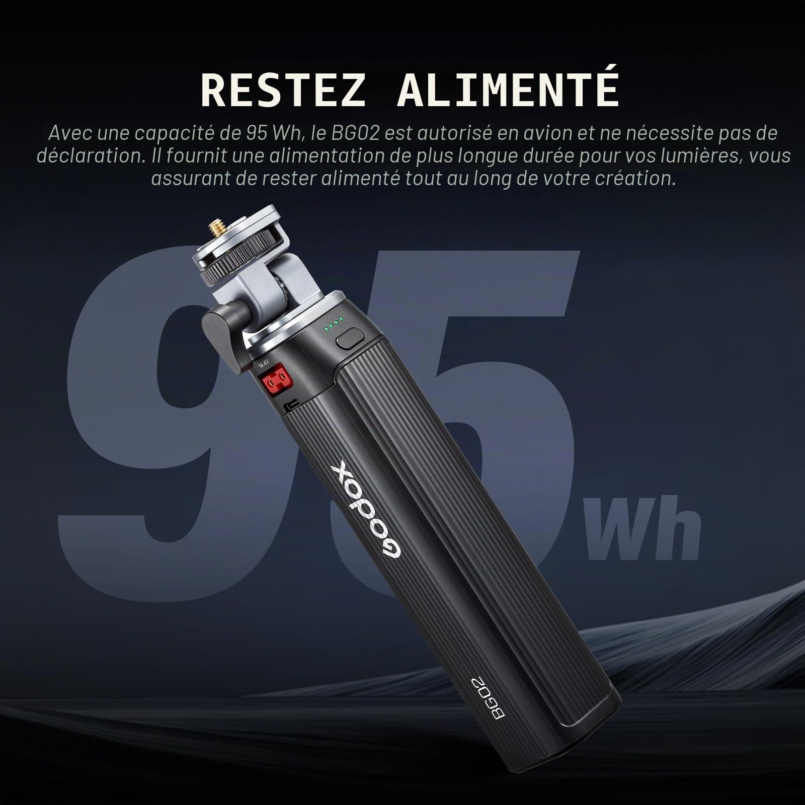 Godox BG02 Poignée Batterie Battery Grip 6600 mAh 95 Wh avec Tour Nuageuse 160° pour ML100Bi/R FH50Bi/R Éclairage Vidéo AD200 AD200Pro AD200ProII AD300 Pro Flash pour Appareil Photo