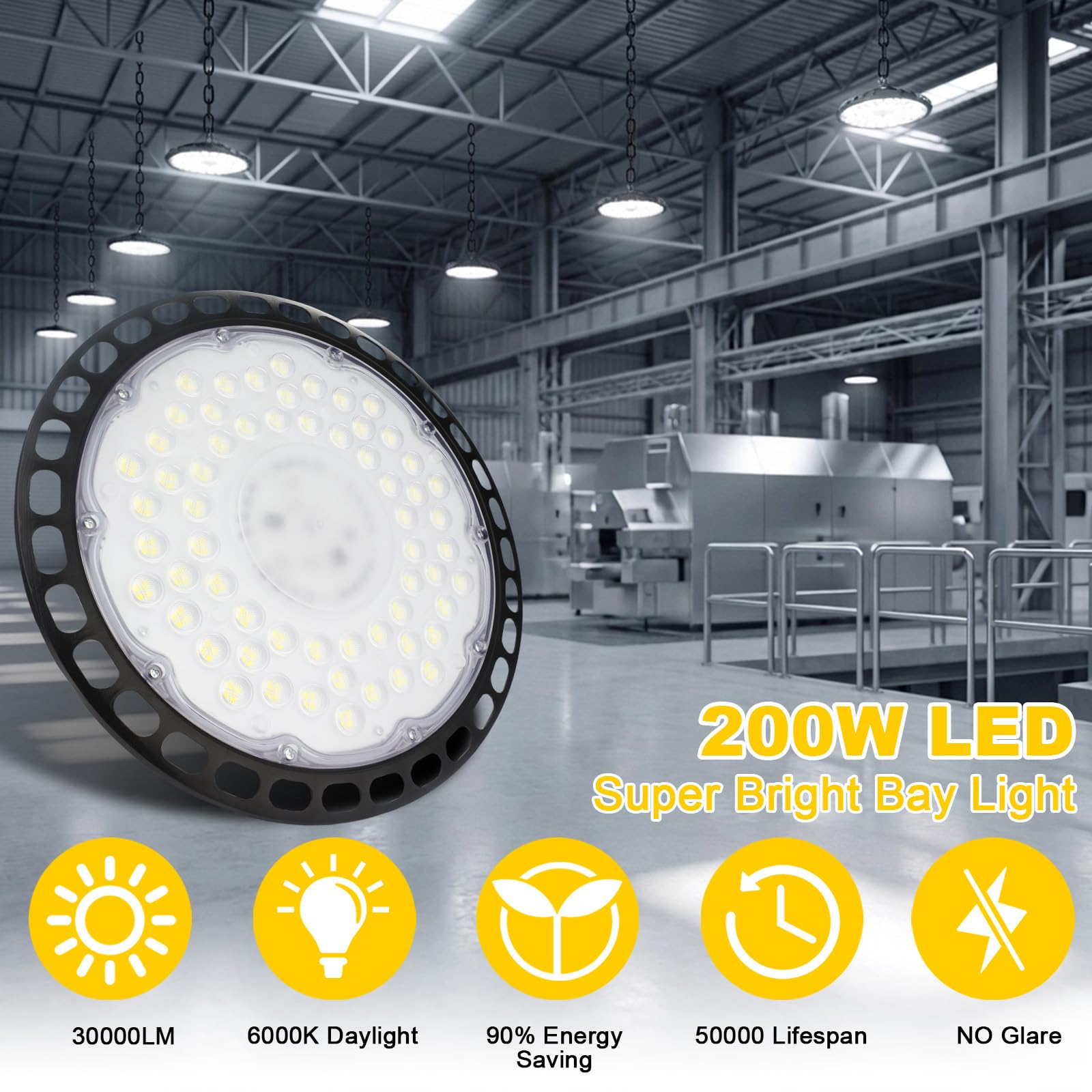 Faretto LED UFO 200W, 30000LM 6000K Lampada da Officina, Super Luminose Bianco Freddo, IP66 Impermeabile Industriale Faretto, Lampada LED per Garage, Officina, Fabbrica, Corridoio 4 Pack