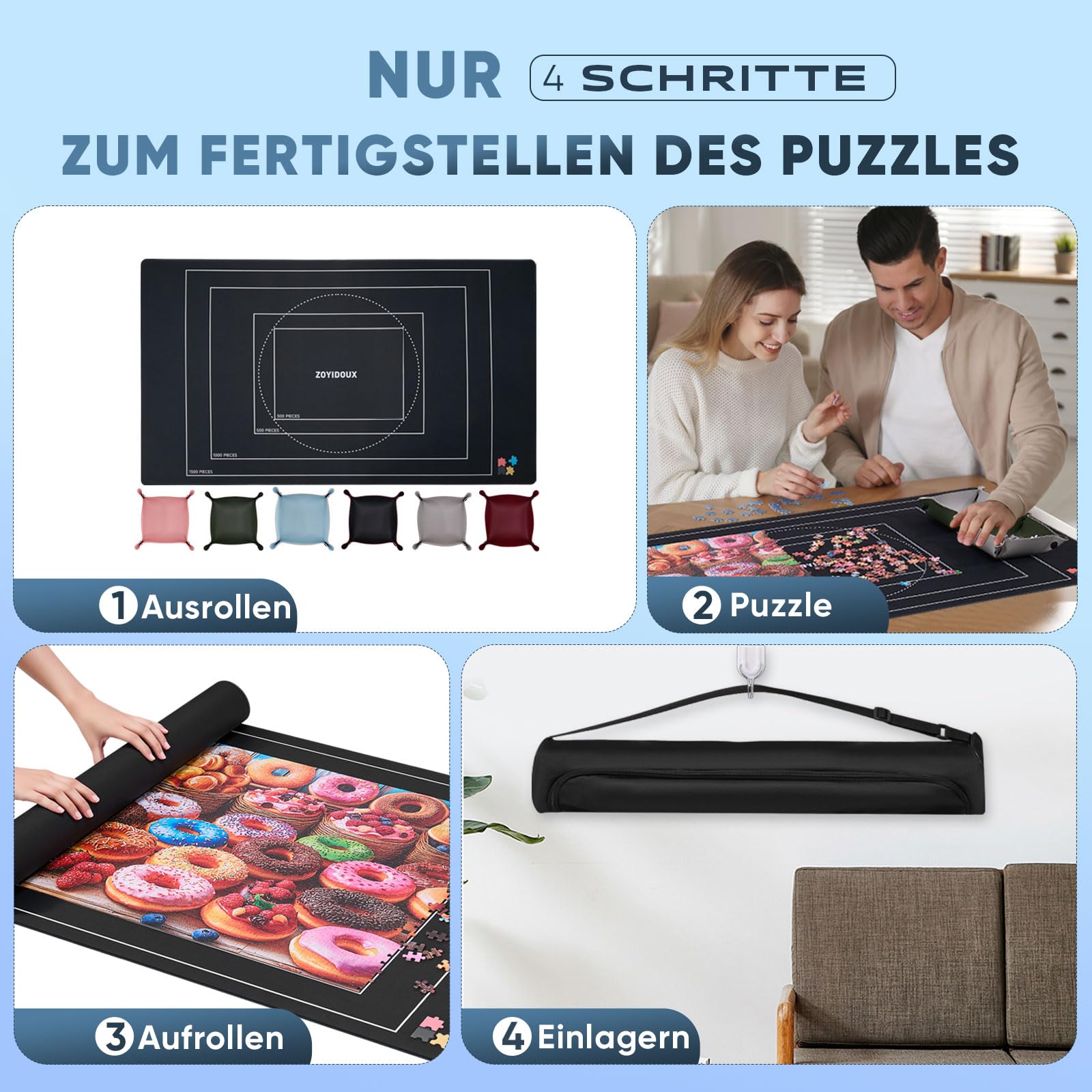 ZOYIDOUX Puzzlematte Rollmatte bis 1500 Teile – Glatte Polyester-Oberfläche, rutschfeste Gummi-Unterseite, 6 Sortierschalen, Klettbänder, Schaumstoffrolle & Tragetasche zur Puzzle Aufbewahrung