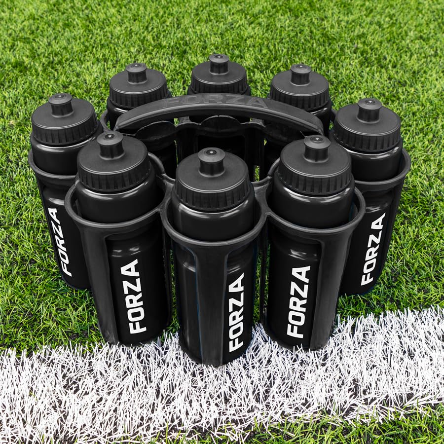 FORZA Water Bottles + Carrier Set [8x Bottles] | Hygeine [1L] or Sports Bottle [750ml] with Stackable Carrier for Football, Rugby, Training, Gym & Teams (Black, Sports Bottles)