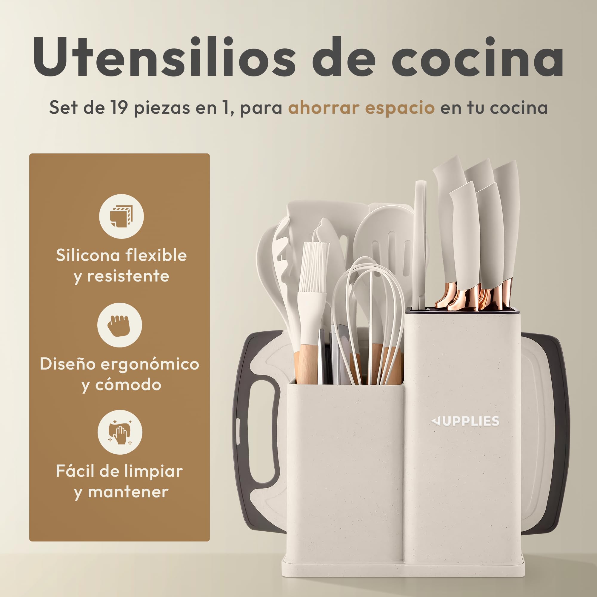 JUPPLIES Juego de Utensilios de Cocina de Silicona 19 Piezas con Cuchillos, Tijeras y Tabla de Cortar – Set Antiadherente Resistente al Calor – Apto para Todas Las Ollas y Sartenes - Beige — view 2