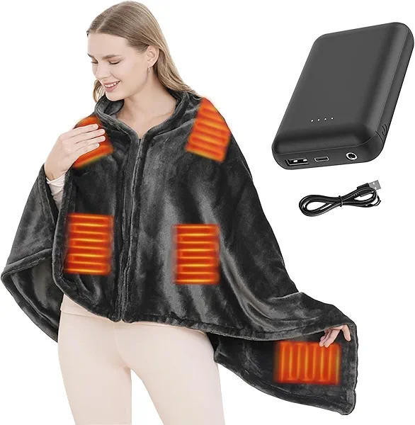 Wearable USB Heated Blanket Shawl, Portable Heated Blanket, 3 Gears 7 Heating Zones Cordless Zip Heated Throw Blanket for Women, Outdoor（with Power Bank 7.4V