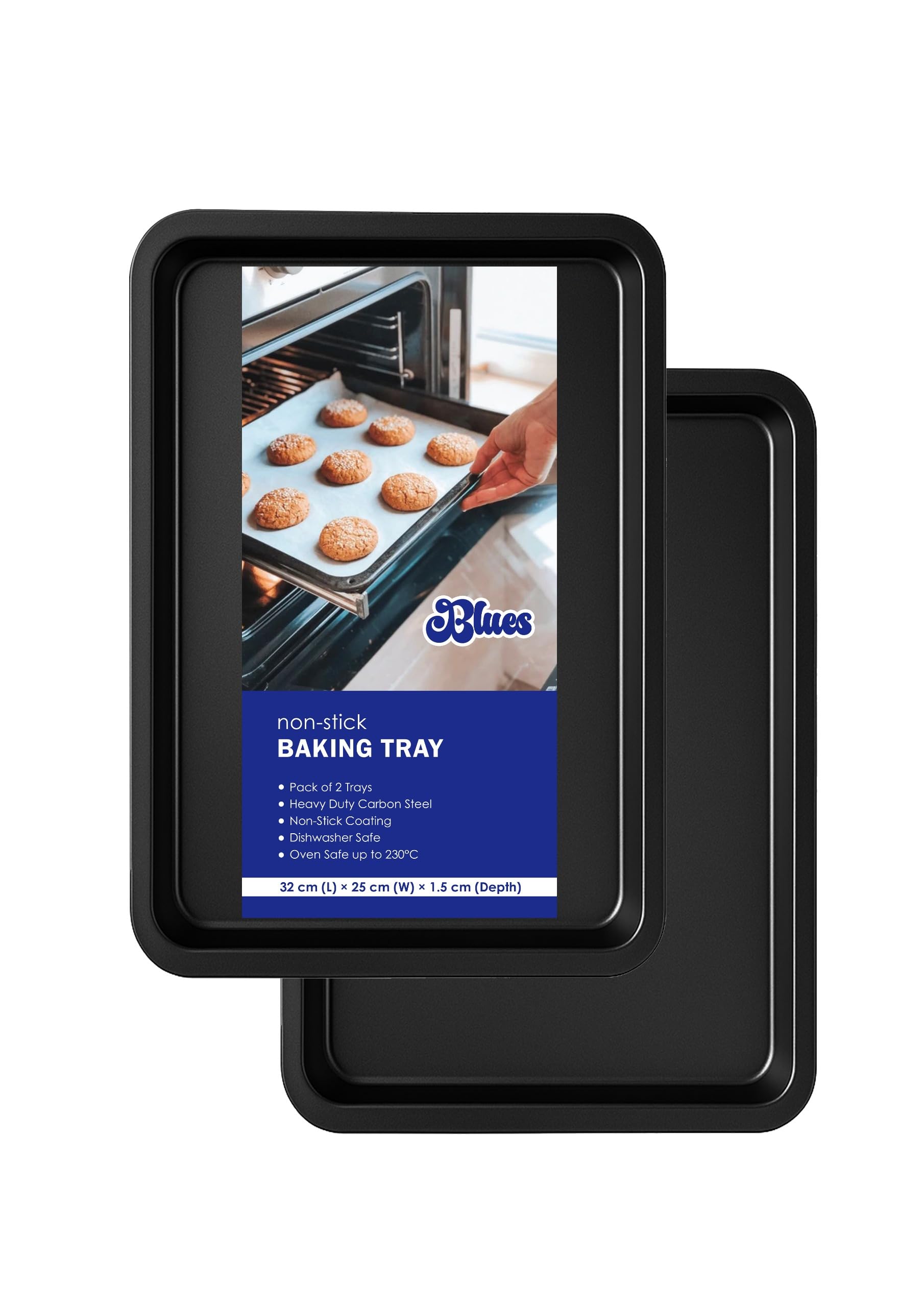 Non Stick Baking Tray Set of 2 – 32cm Oven Tray Set, Baking Sheet & Cookie Sheet, Heavy Duty Roasting Tray, Dishwasher Safe Easy Clean Bakeware by BLUES®