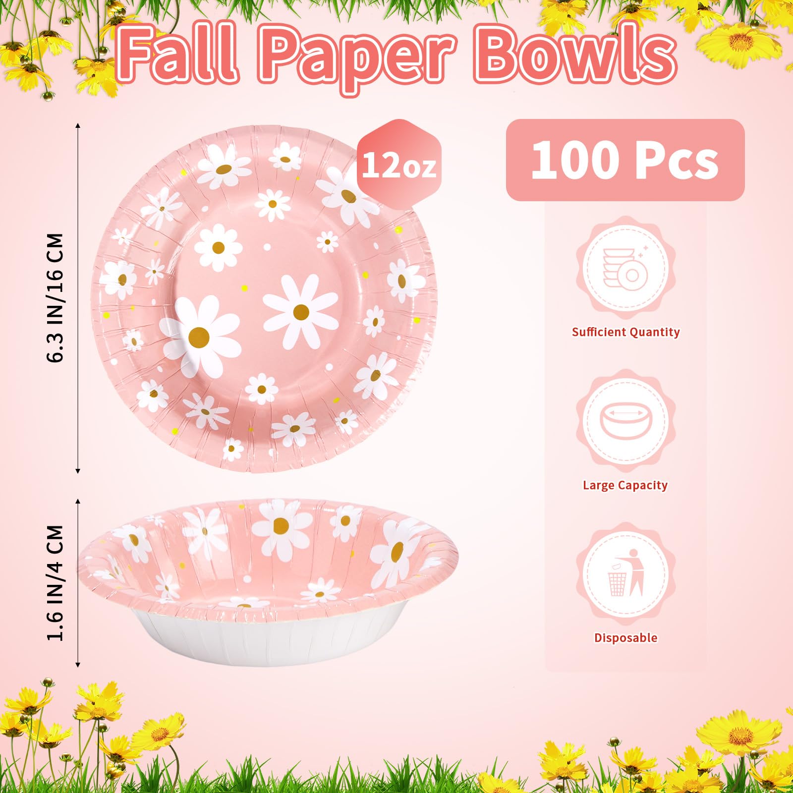 Grencian 100 Pcs Groovy Daisy Paper Bowls 12 Oz Pink Flower Print Soup Bowls Disposable Groovy Daisy Floral Bowl for Spring Summer Girl Birthday Picnic Baby Bride Shower Wedding Tea Party Supplies