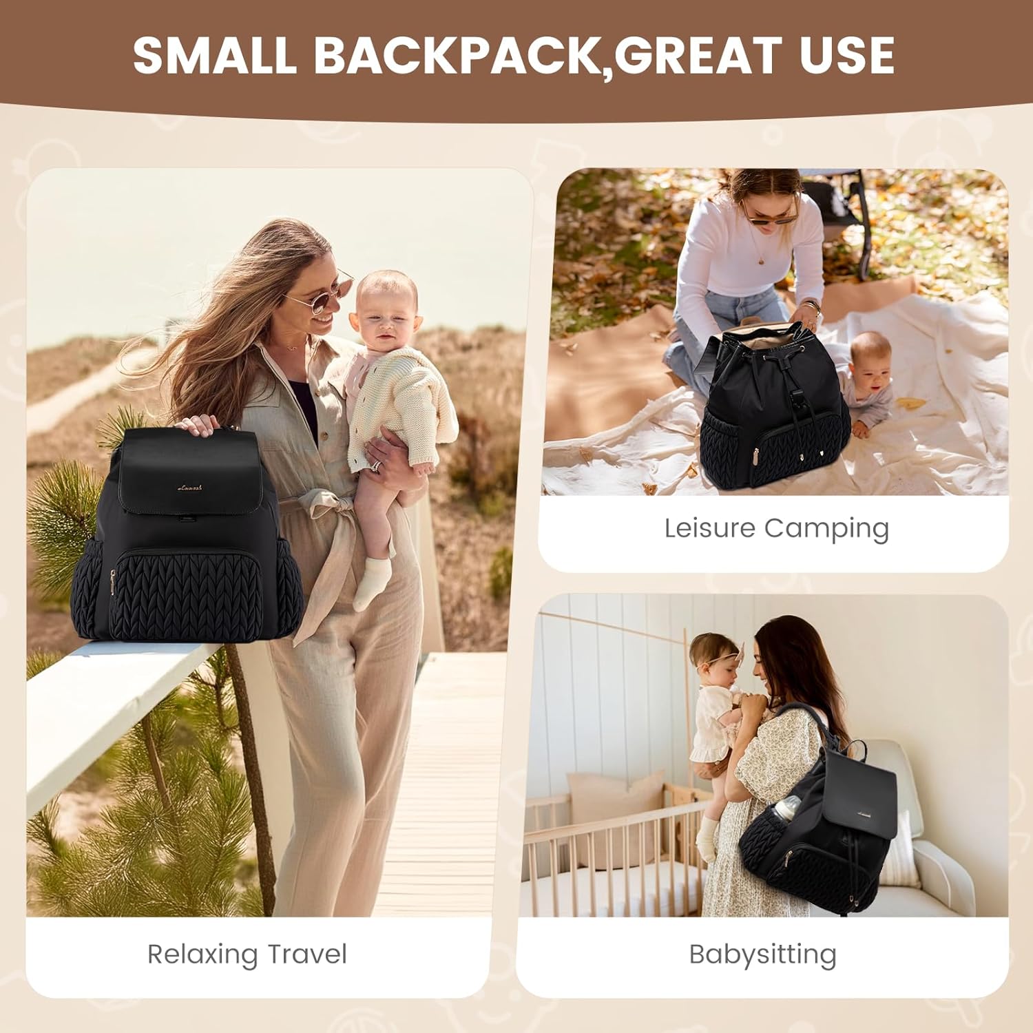 LOVEVOOK Diaper Bag Backpack, Small Cute Baby Bag, Stylish Water-Resistant Travel Bag for Mom, Baby Backpack with Changing Pad, Stroller Straps - Black