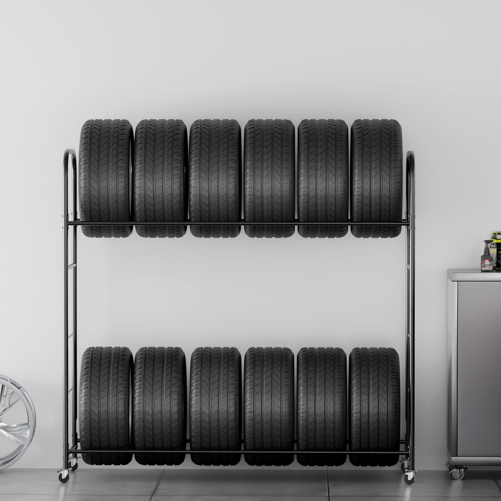 VEVOR Carrello Porta-Pneumatici con Ruote a 2 Ripiani, Rimorchio per Garage, Carrello Porta-Pneumatici in Acciaio con Copertura Protettiva Altezza Regolabile Contiene Fino a 12 Pneumatici Standard