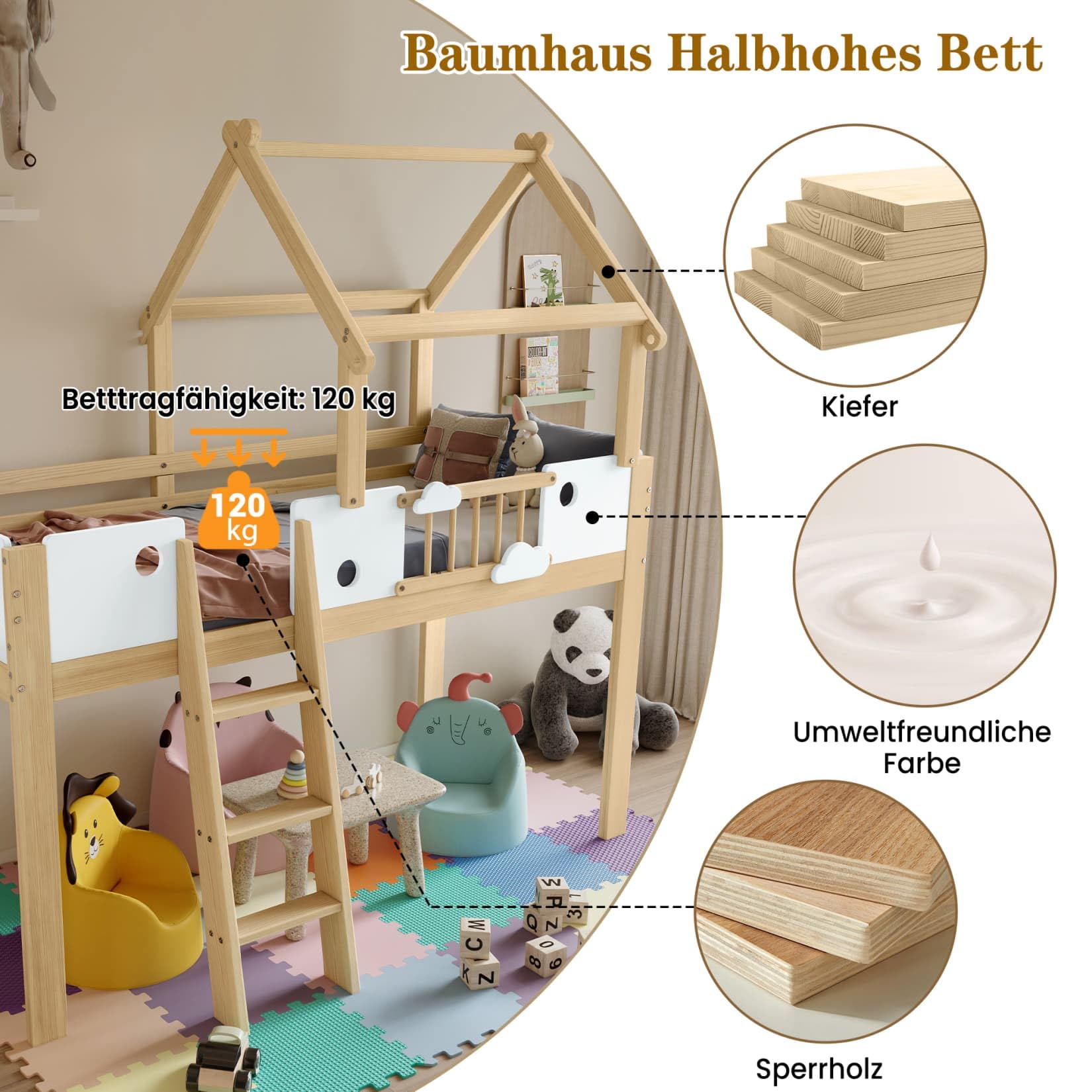 PUGSDRLY Lit Mezzanine Enfant 90x200cm avec Barrières,Lit Cabane Enfant avec échelle et Design Unique du Toit,Mi Hauteur,Cadre en Pin,Blanc+Naturel