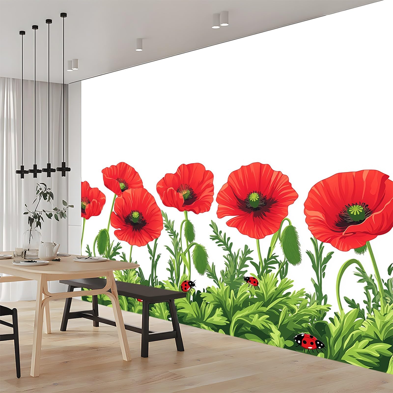 Panoramiczne kwiaty maki owady czerwony zielony 200 x 140 cm (szer. x wys.), nowoczesna tapeta z włókniny do sypialni salonu biura spersonalizowana dekoracja ścienna restauracja pokój dziecięcy