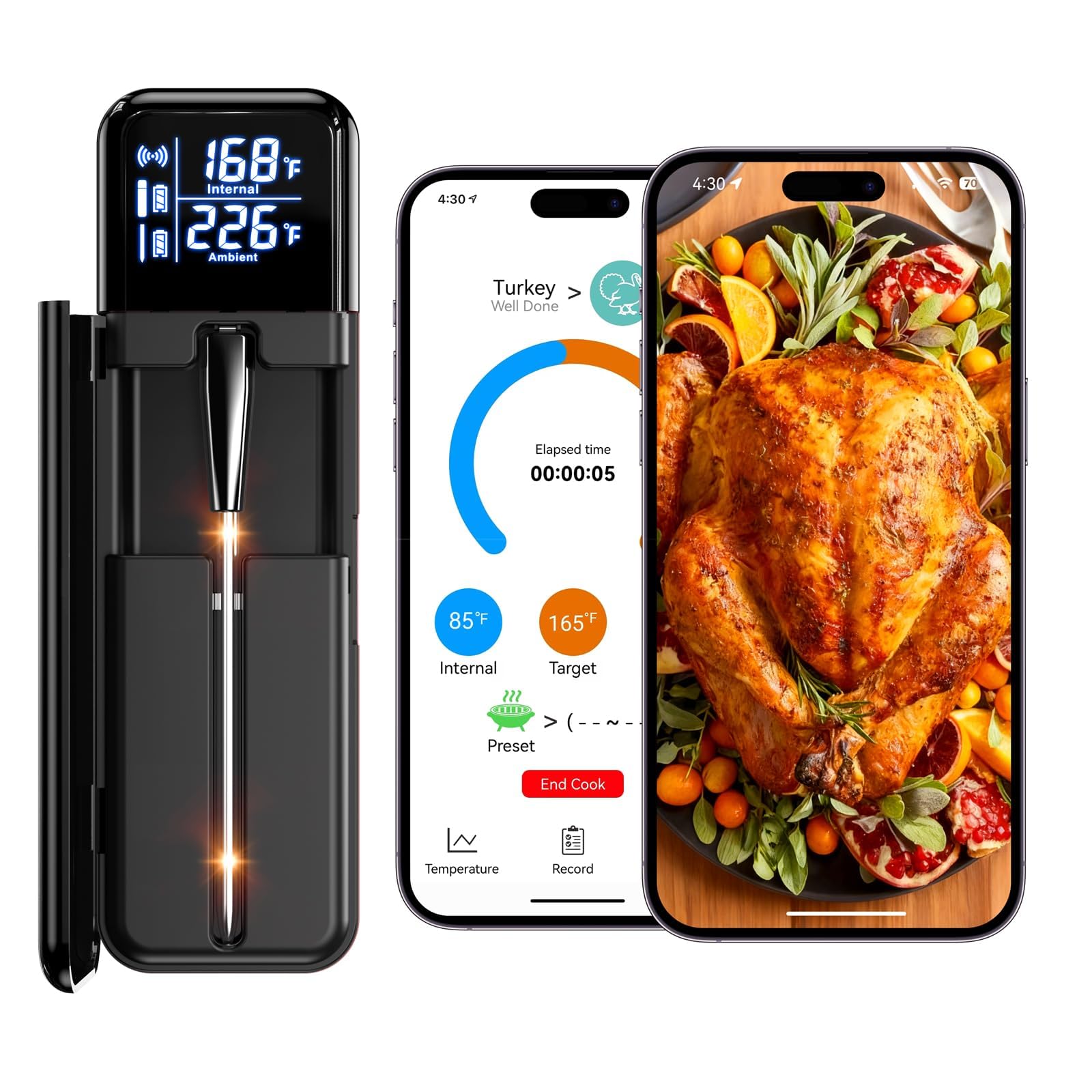 Wireless Meat Thermometer with App, Bluetooth Smart Digital Cooking Thermometer with Dual High-Accuracy Sensors, Ceramic Heat-Resistant Probe, Instant Read LCD, for Kitchen BBQ Oven Grill Air Fryer