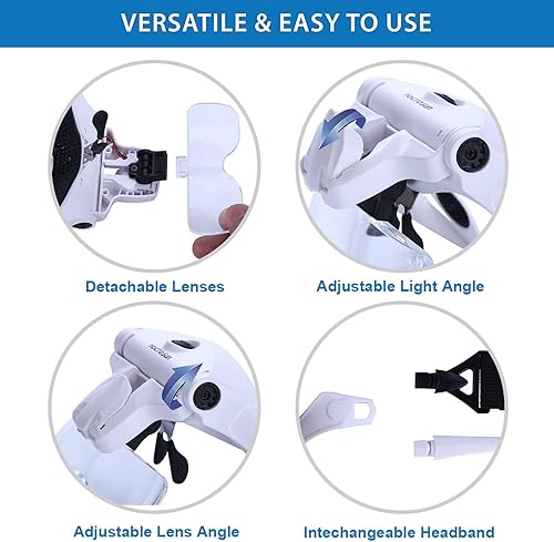 Miniatura 5 de YOCTOSUN Lupas con luz, lupa de montaje en cabeza con 5 lentes, diadema, estuche de almacenamiento, manos libres con luz LED con luz LED, visera