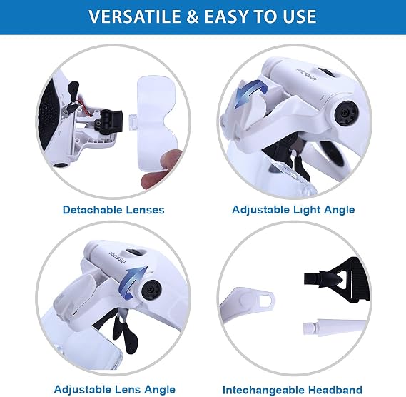 YOCTOSUN Magnifying Glass with Light, LED Head Magnifier 5 Lenses 1.0X-3.5X | Rechargeable Hands Free Headset Magnifying Glasses 2 Led, Jeweler's Loupe Light Bracket Headband Interchangeable