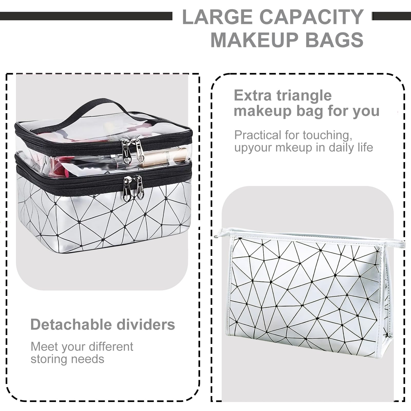 Makeup Bag, 2 PCS Silvery Cosmetic Bags - Image 4