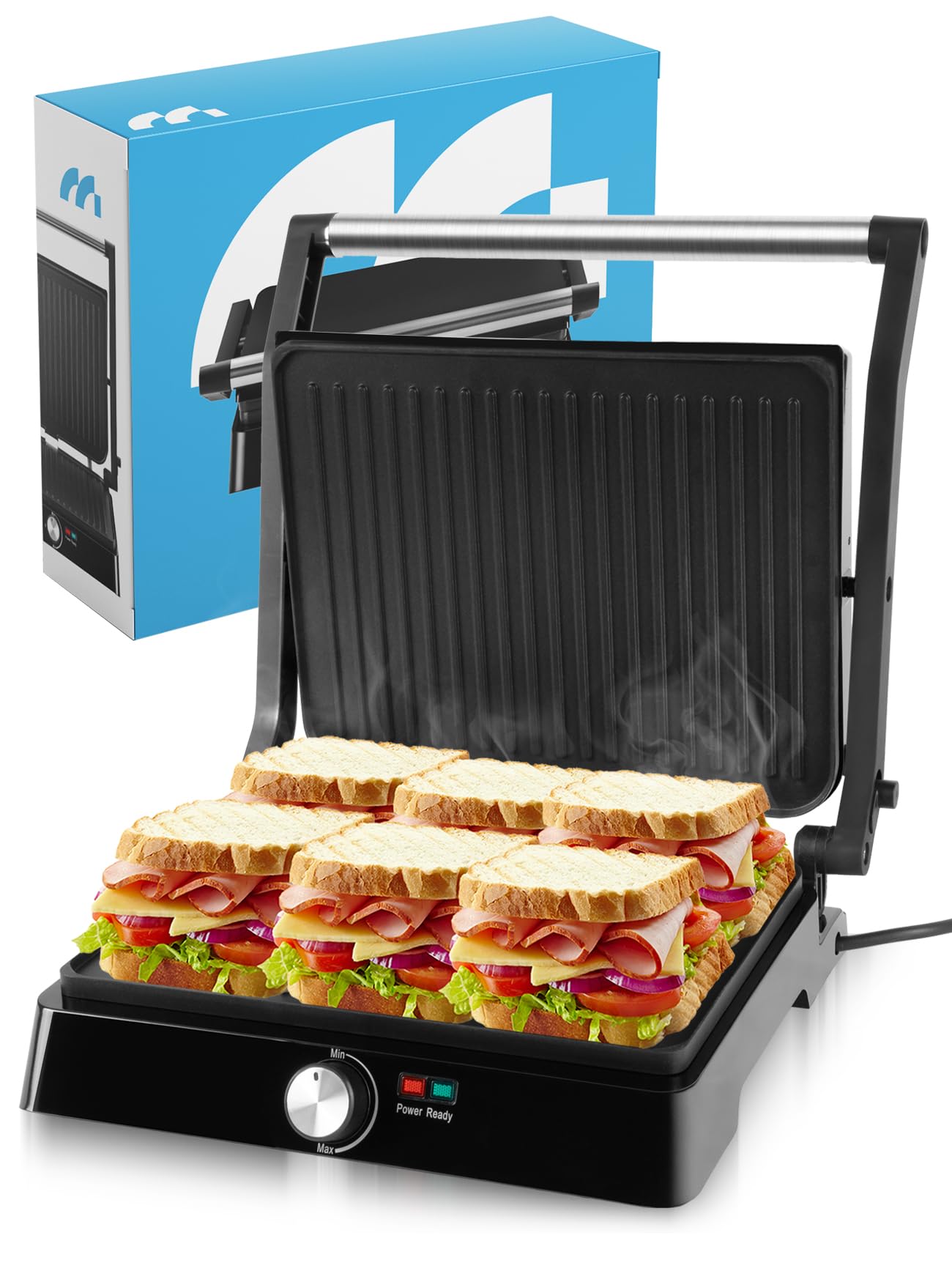 MalTec Kontaktgrill - Einstellbare Temperatur 180° aufklappbar. Große Grillfläche und hohe Power-Leistung. Teflonplatten verhindern das Anhaften und Fettauffangschale