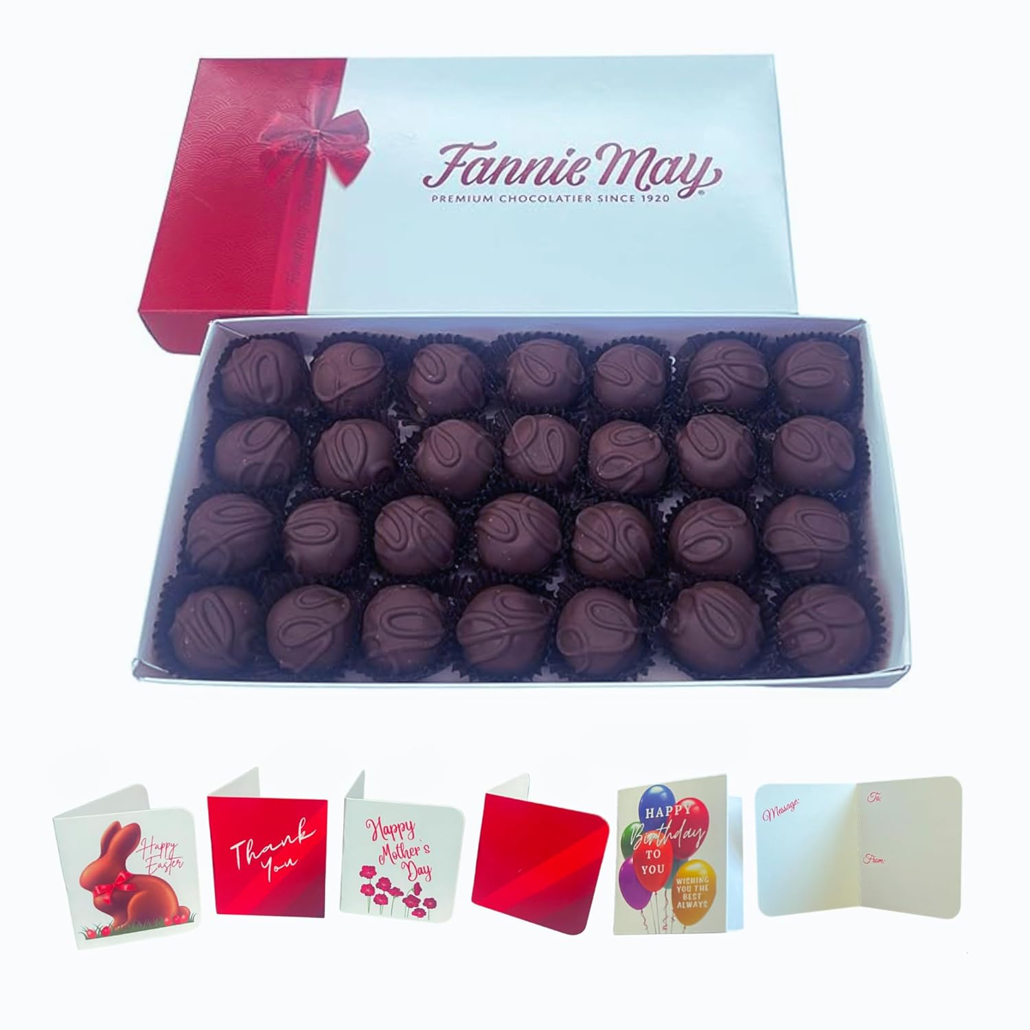 Fannie May Dark Chocolate Chocolate Buttercream (also known as Dark Chocolate Mays) 1 lb. with Insulated Shipper & Gift Tag & Wrap Basket Bundle