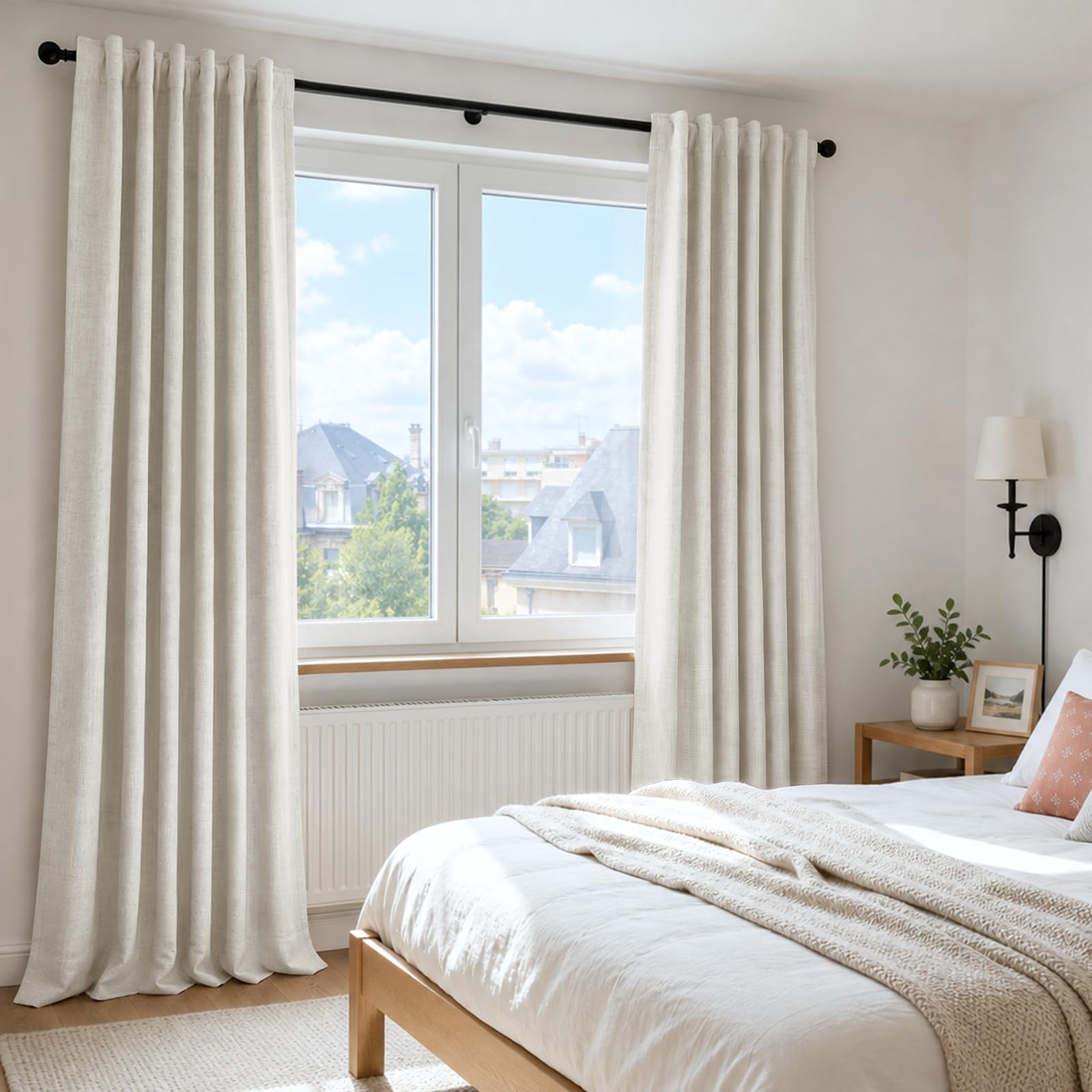 100% Verdunkelungsvorhang 2er Set H245xB140cm Beige | Leinenoptik, Thermo, 4 Aufhängearten, Für Stangen & Schienen, Lärmschutz, Schlaf- & Wohnzimmer, Inkl. 20 Clips
