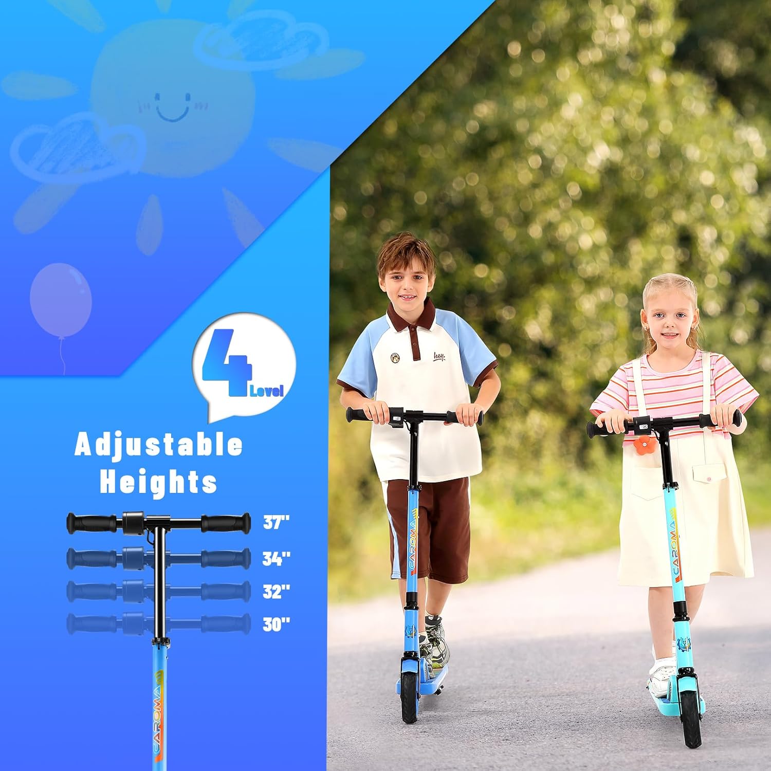 Caroma Electric Scooter for Kids Ages 10-14, Kids Electric Scooter, 180W Motor&10 Mph,85 Mins Ride Time, Adjustable Height & Speed, LED Display&Colorful Lights, Best Gifts for Girls and Boys