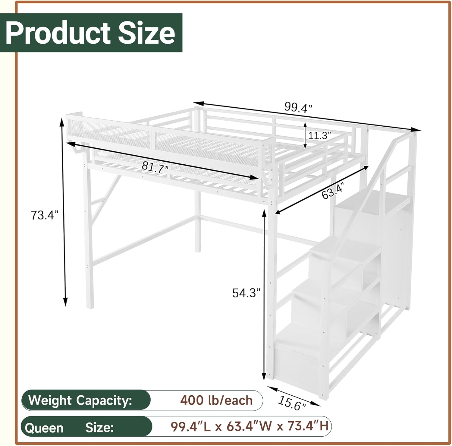 Queen Size Loft Bed with Stairs and Storage, Metal Loft Bed Frame with Bedside Shelf and Large Under-Bed Space, Heavy-Duty Beds for Adults Teens and Kids, White
