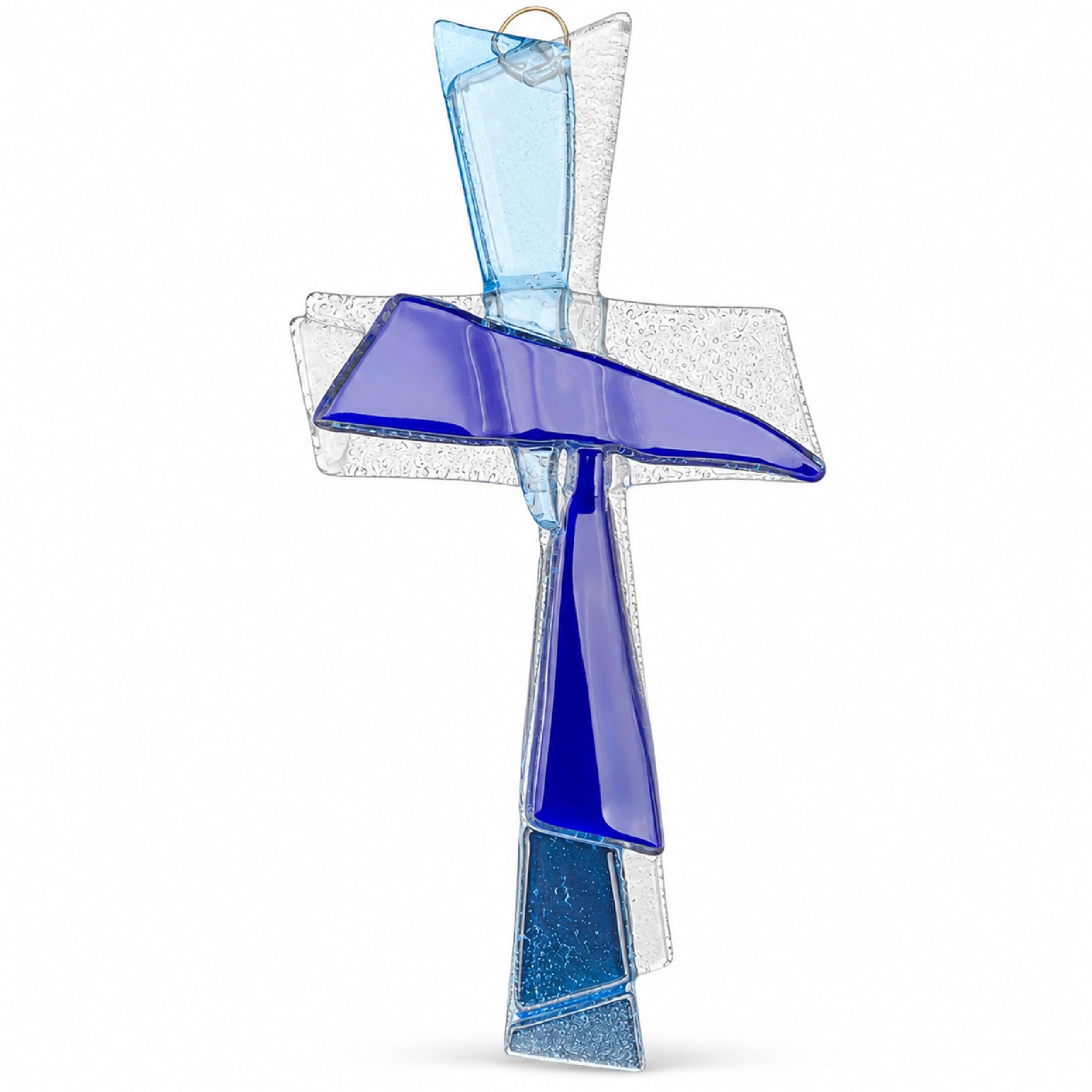 Lunexus Religious Glass Cross Wall Cross Blue Transparent 27 cm - Christening Gift Communion Gift Confirmation Gift Handmade Germany Blessed Consecrated