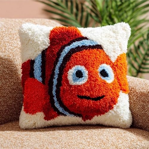 WallustrioaW Latch Hook Pillow Kit -Coral Fish 43X43Cm Embroidery Art Craft Kit All Ages Unisex