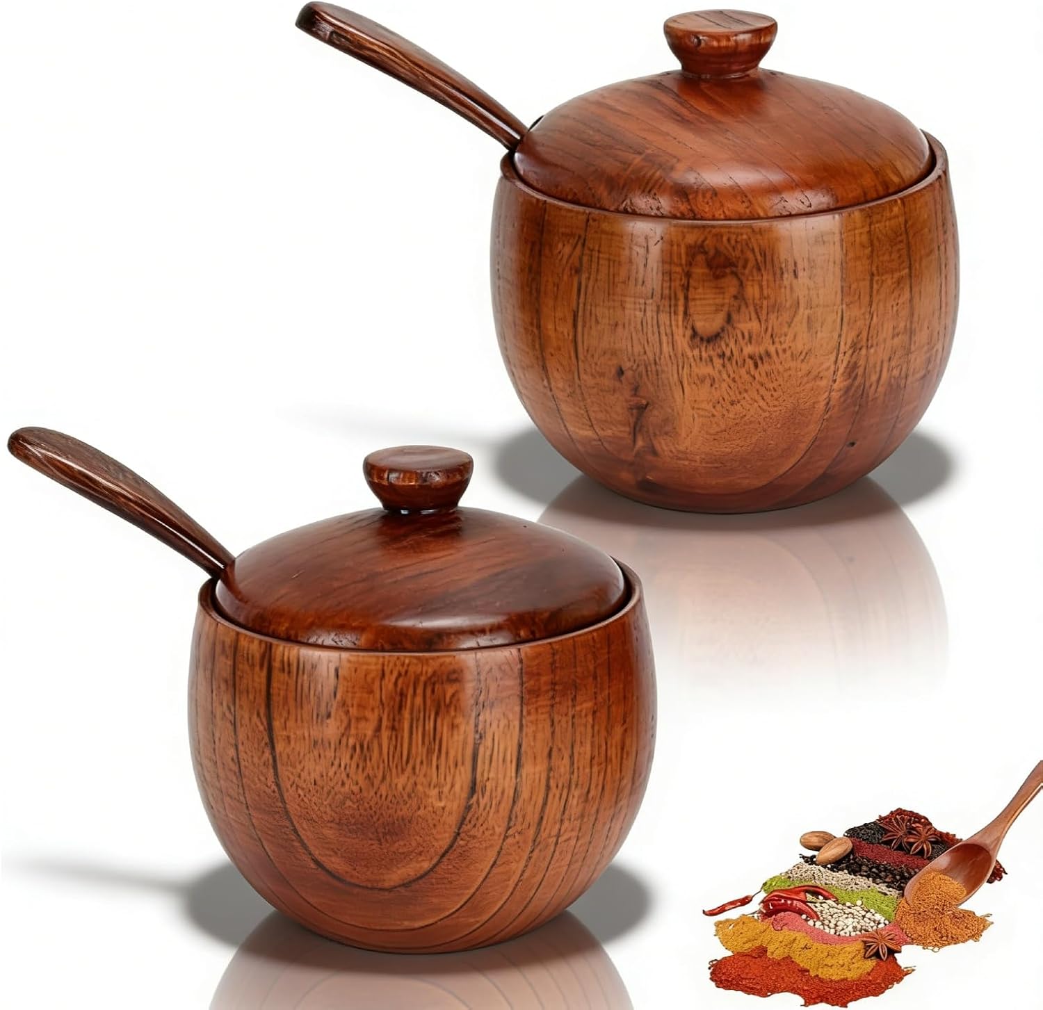 Cyrank 2 Pack Sugar Bowl with Lid and Spoon, Sugar and Coffee Container Set Wooden Condiment Pot Decorative Storage Seasoning Container for Bar Table, Kitchen, Countertop