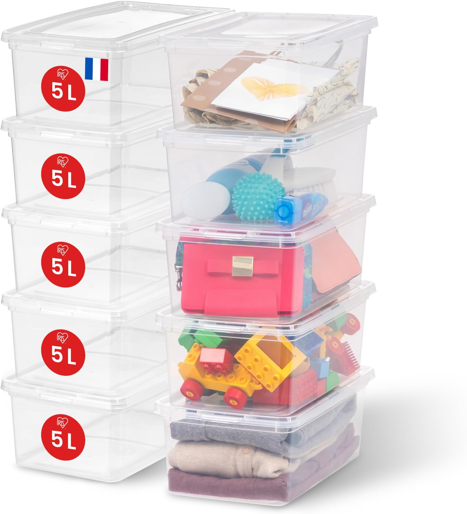 Storage Boxes with Lids, Plastic Storage Box with Lid, Stackable, 5L/10Pack, BPA Free, Clear, W32.7 x D19.1 x H11.4cm, CNL-5